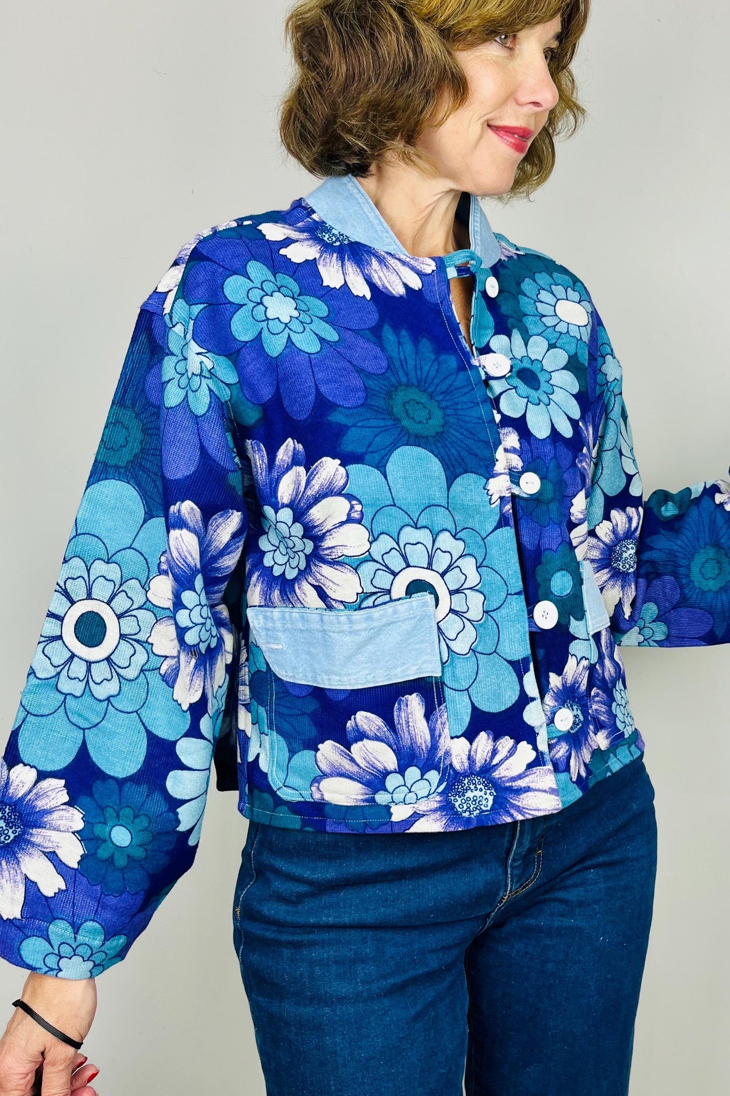 Handmade Womens Jacket | Vintage Fabric Redesigned Shacket | Upcycled Designer Rework | Unique 60’s Style | Flower Power Top