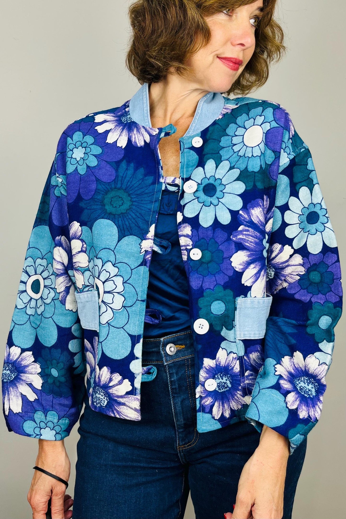 Handmade Womens Jacket | Vintage Fabric Redesigned Shacket | Upcycled Designer Rework | Unique 60’s Style | Flower Power Top