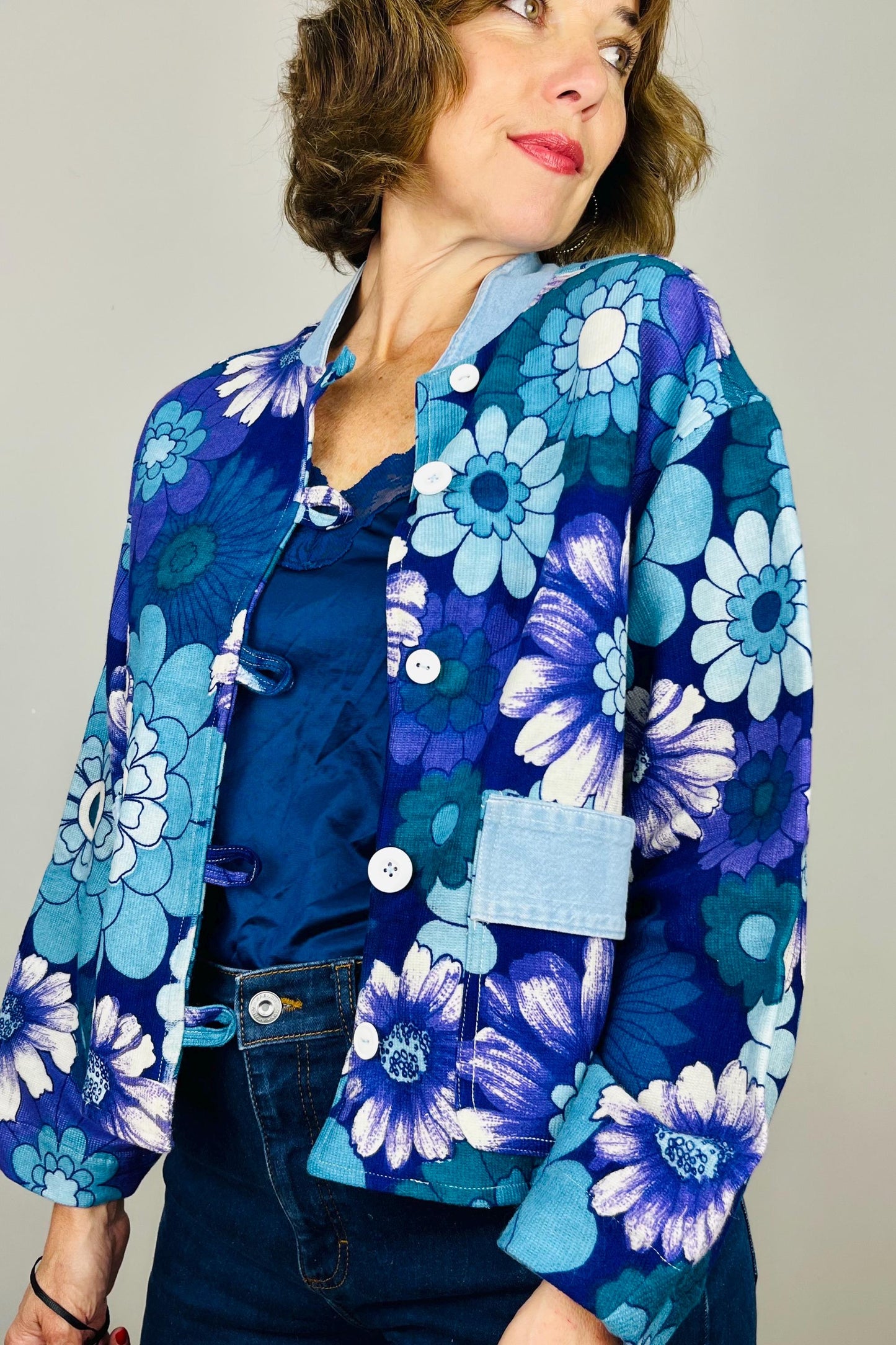 Handmade Womens Jacket | Vintage Fabric Redesigned Shacket | Upcycled Designer Rework | Unique 60’s Style | Flower Power Top
