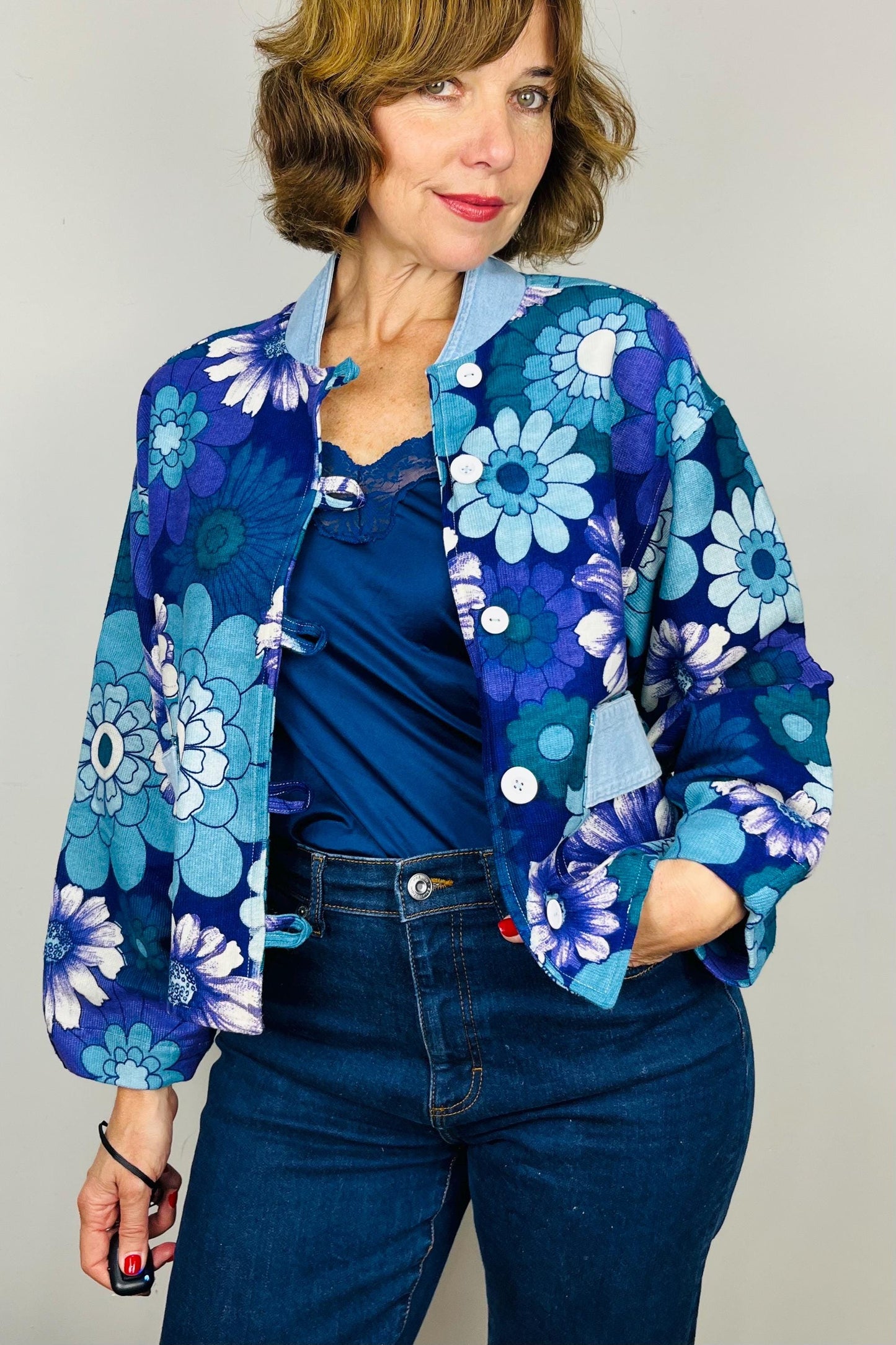 Handmade Womens Jacket | Vintage Fabric Redesigned Shacket | Upcycled Designer Rework | Unique 60’s Style | Flower Power Top