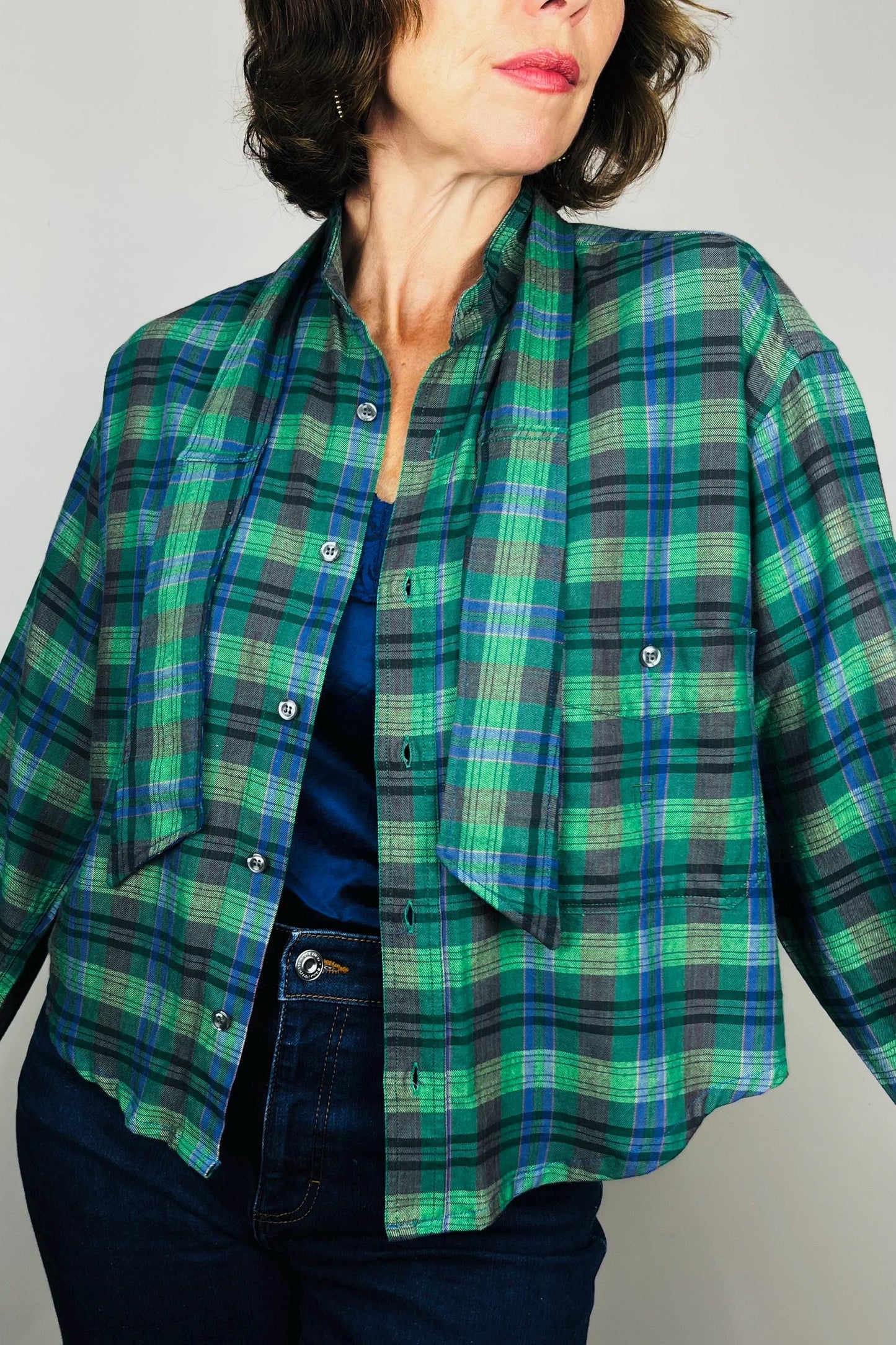 Handmade Reworked Vintage Top: Upcycled Designer Shirt | Womens Remade Shirt | Tartan Traitors Top | Womens Plaid Workwear | Green