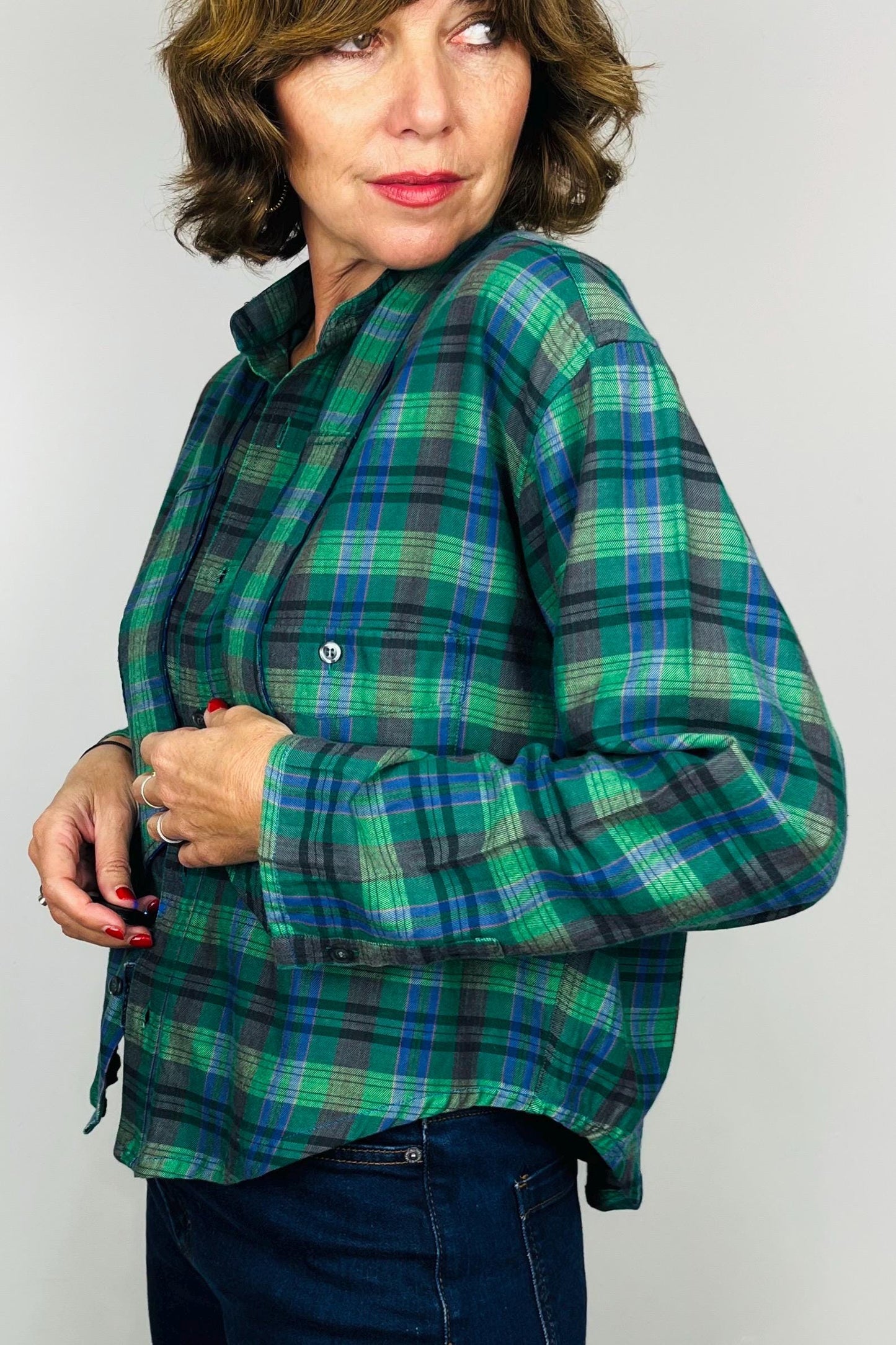 Handmade Reworked Vintage Top: Upcycled Designer Shirt | Womens Remade Shirt | Tartan Traitors Top | Womens Plaid Workwear | Green