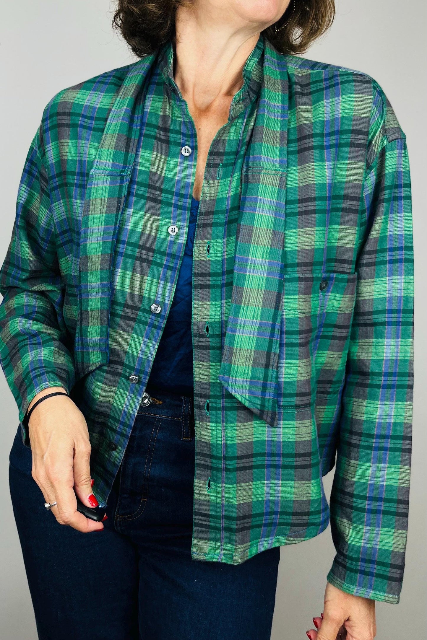 Handmade Reworked Vintage Top: Upcycled Designer Shirt | Womens Remade Shirt | Tartan Traitors Top | Womens Plaid Workwear | Green