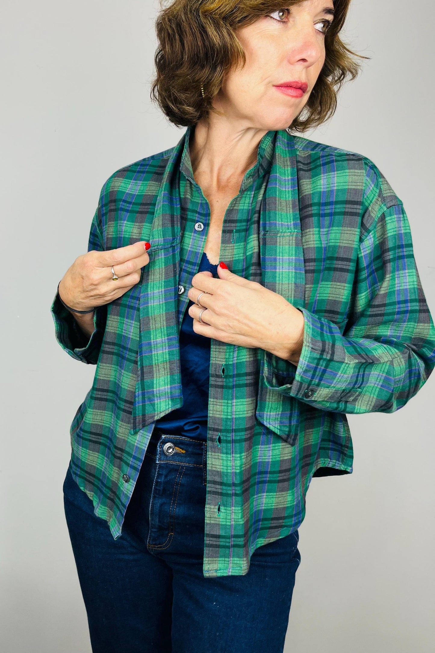 Handmade Reworked Vintage Top: Upcycled Designer Shirt | Womens Remade Shirt | Tartan Traitors Top | Womens Plaid Workwear | Green
