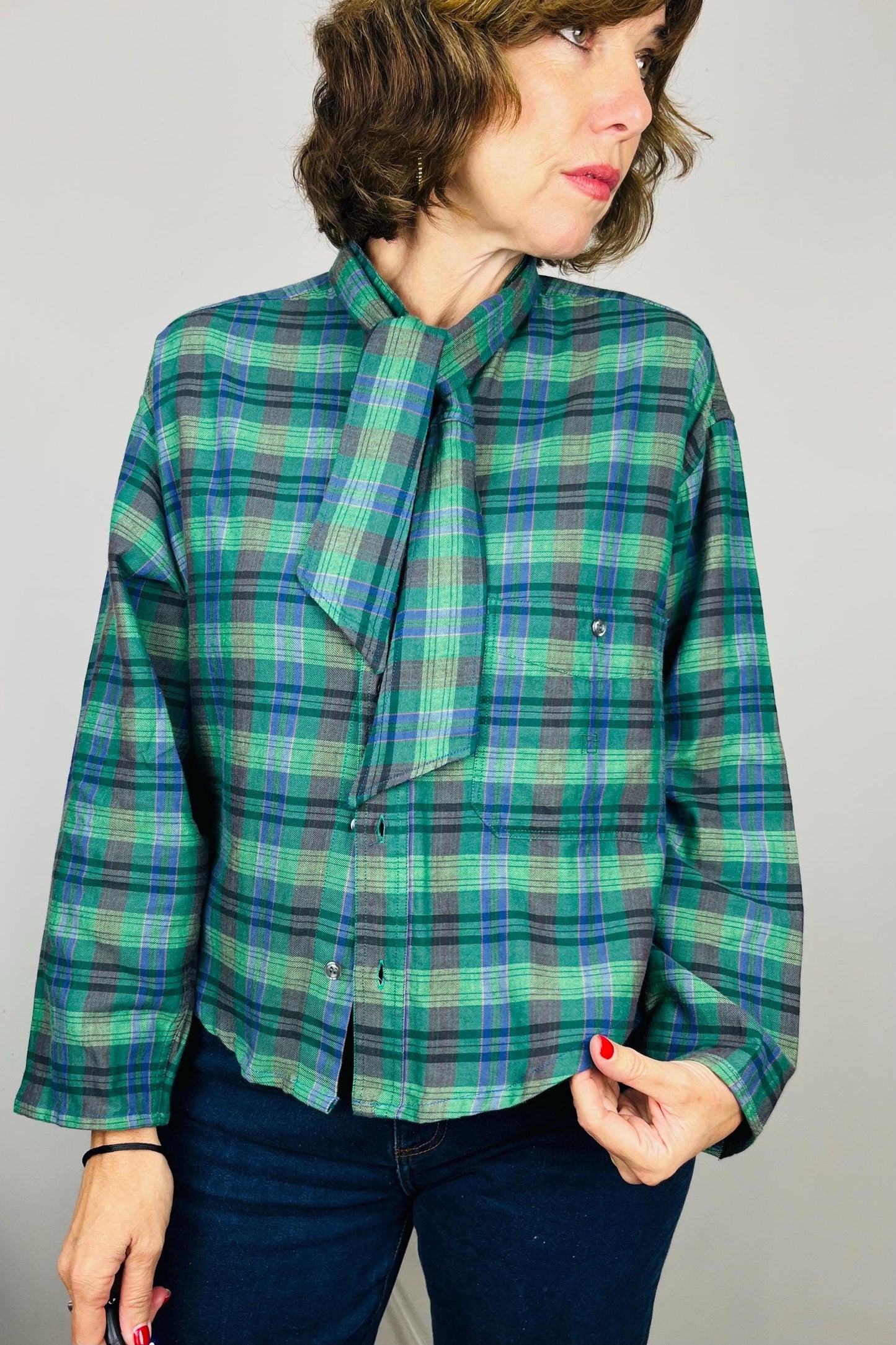 Handmade Reworked Vintage Top: Upcycled Designer Shirt | Womens Remade Shirt | Tartan Traitors Top | Womens Plaid Workwear | Green