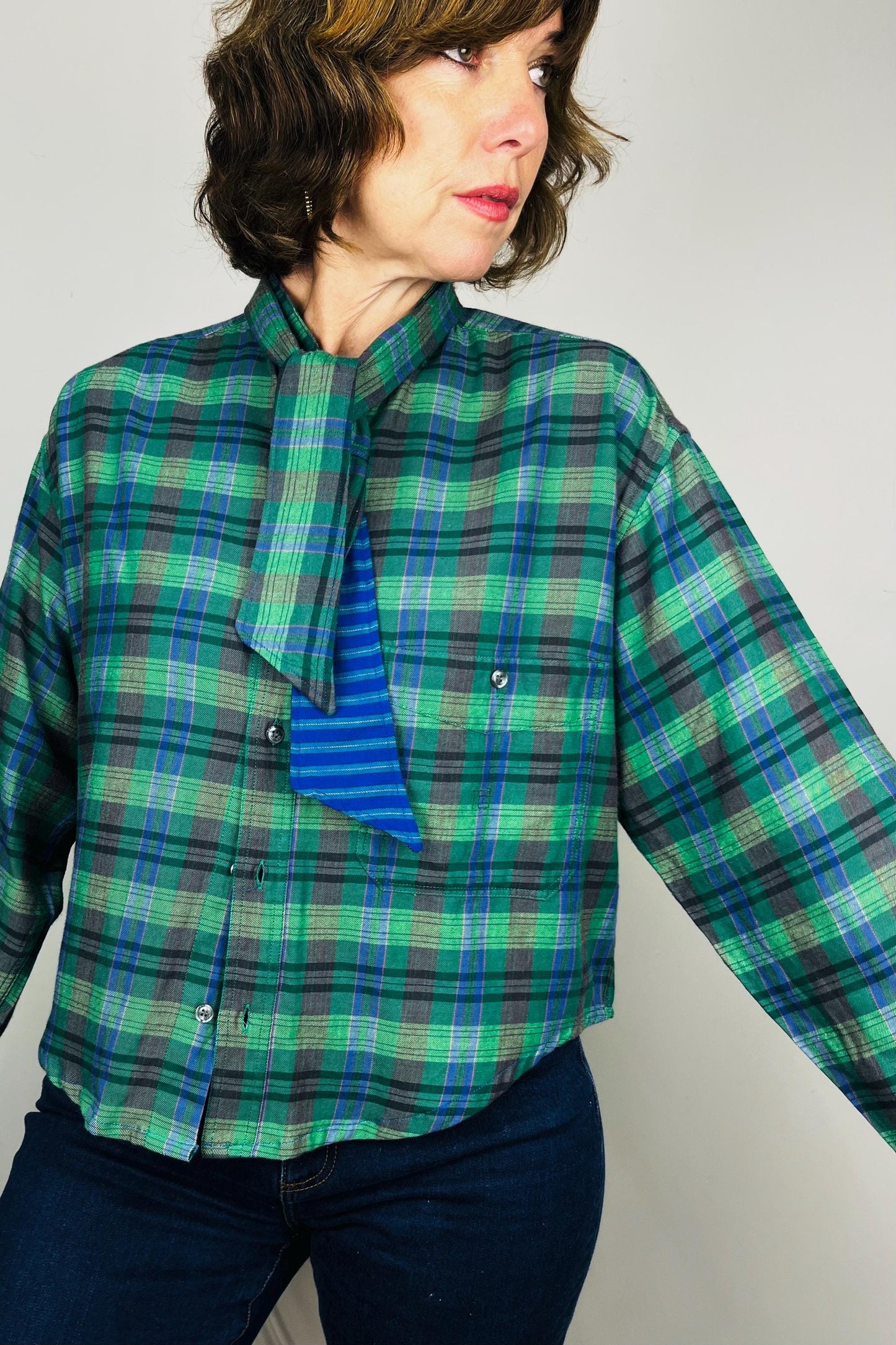 Handmade Reworked Vintage Top: Upcycled Designer Shirt | Womens Remade Shirt | Tartan Traitors Top | Womens Plaid Workwear | Green