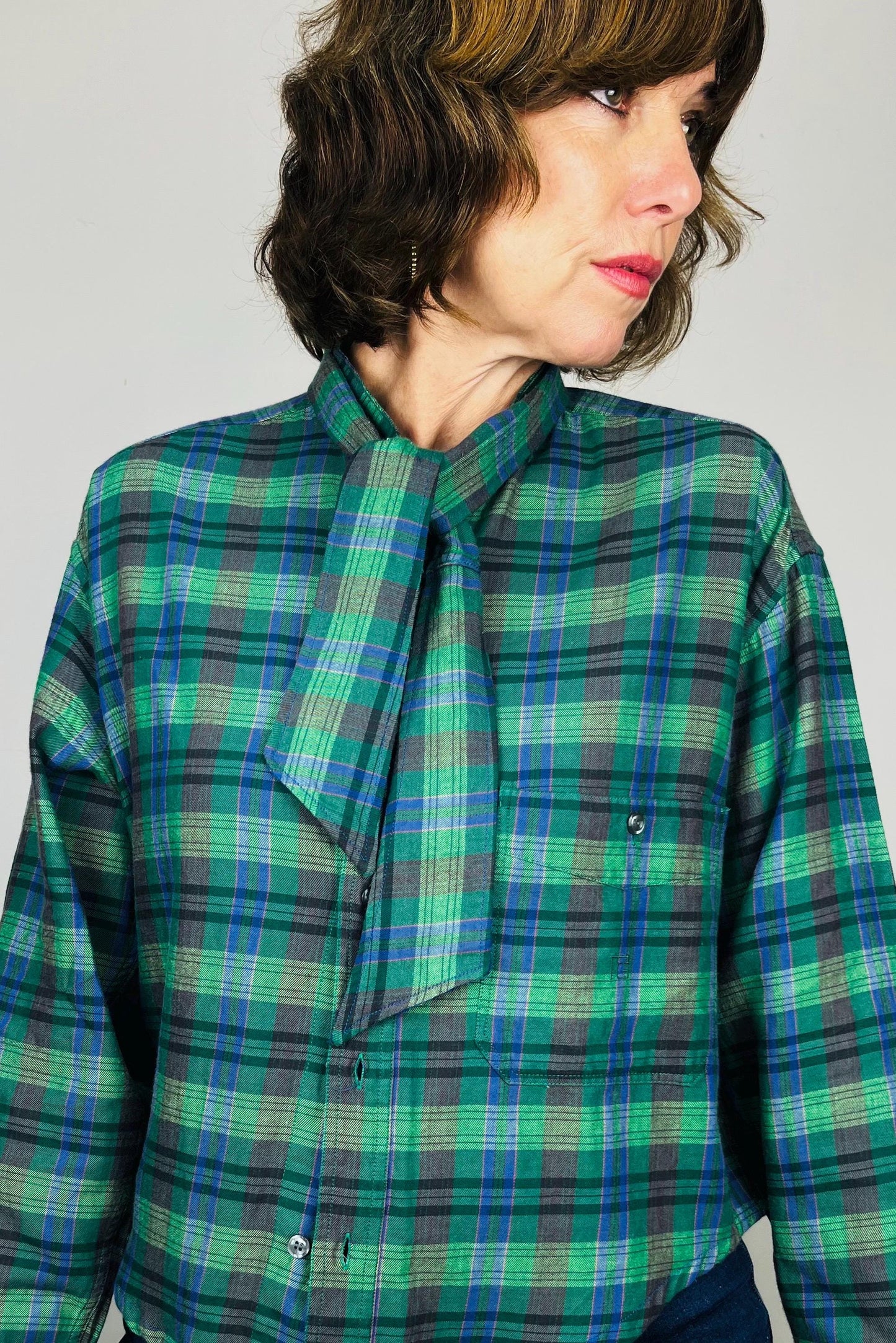 Handmade Reworked Vintage Top: Upcycled Designer Shirt | Womens Remade Shirt | Tartan Traitors Top | Womens Plaid Workwear | Green