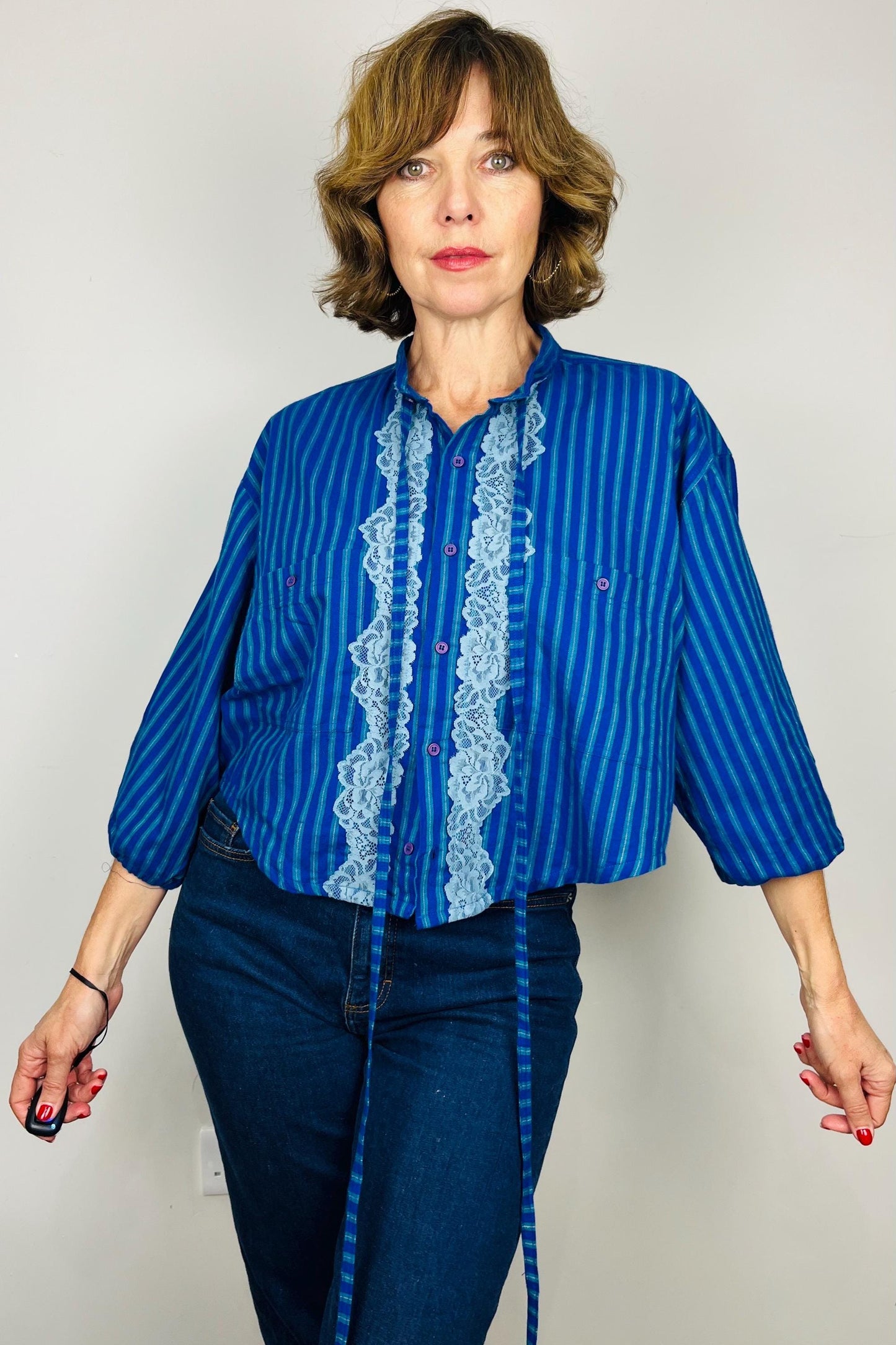 Handmade Reworked Vintage Top: Upcycled Designer Shirt | Womens Remade Shirt | Lace Top With Bows | Blue Blouse Workwear | Sustainable