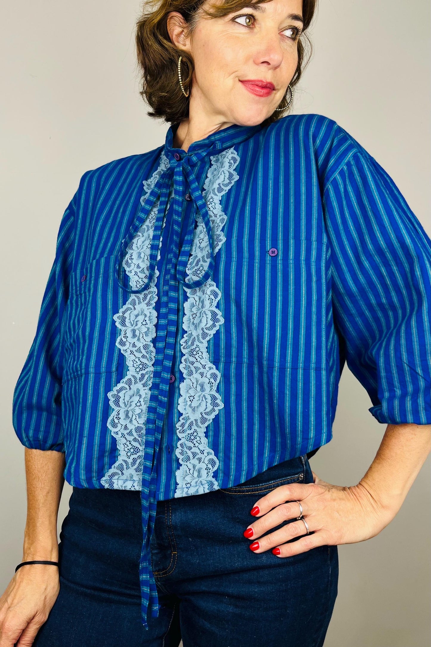 Handmade Reworked Vintage Top: Upcycled Designer Shirt | Womens Remade Shirt | Lace Top With Bows | Blue Blouse Workwear | Sustainable