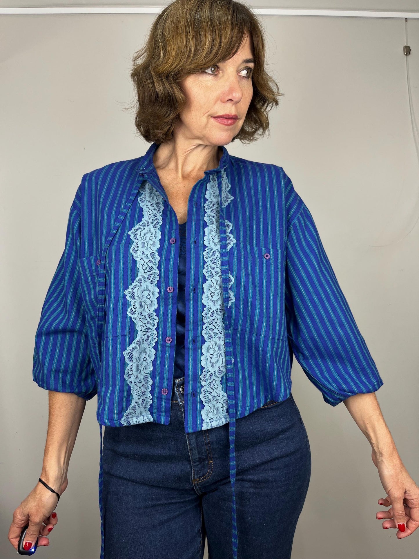 Handmade Reworked Vintage Top: Upcycled Designer Shirt | Womens Remade Shirt | Lace Top With Bows | Blue Blouse Workwear | Sustainable