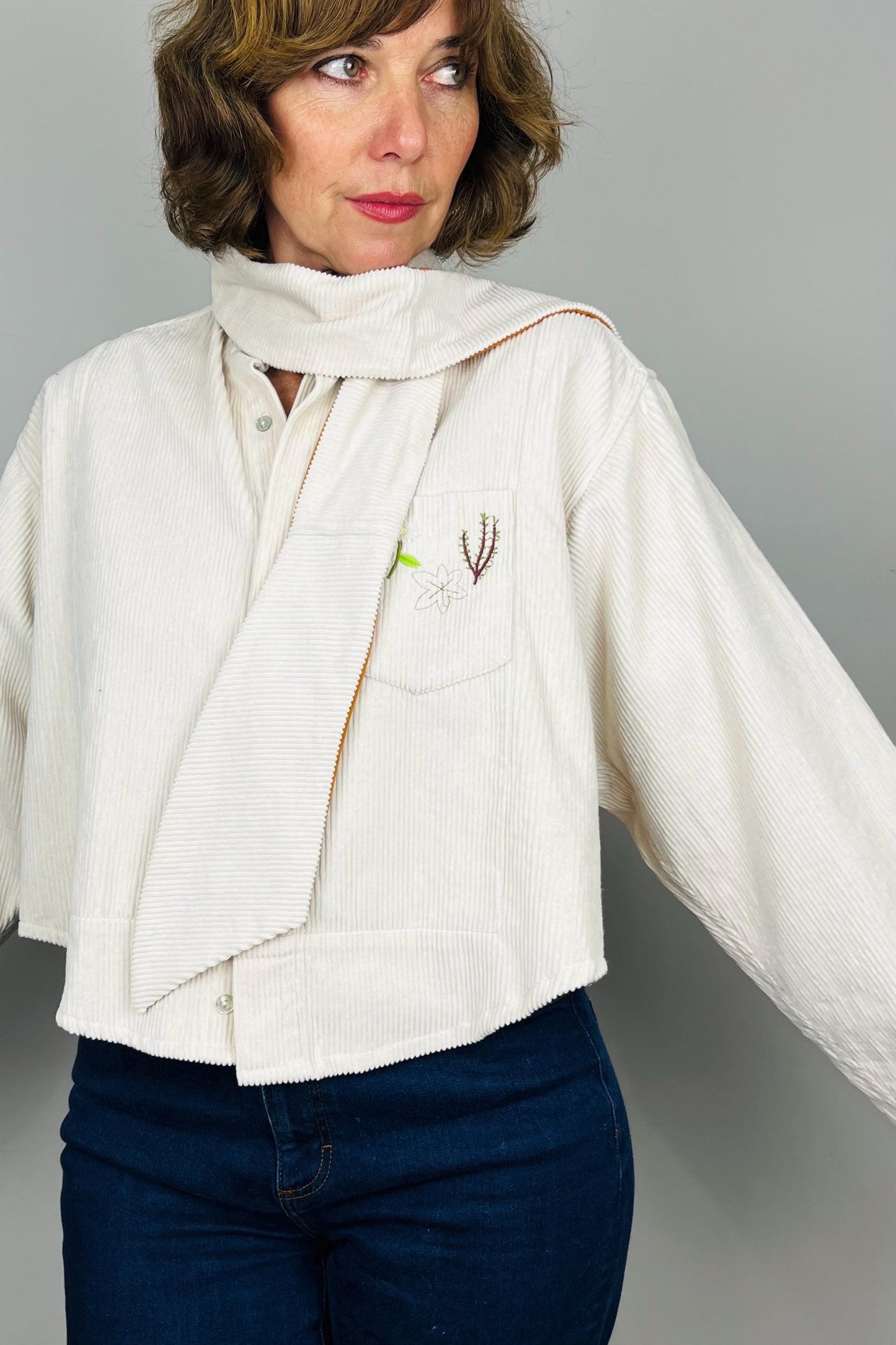 Handmade Womens Jacket | Vintage Fabric Redesigned Shacket | Upcycled Designer Rework | Corduroy Shirt | Cream