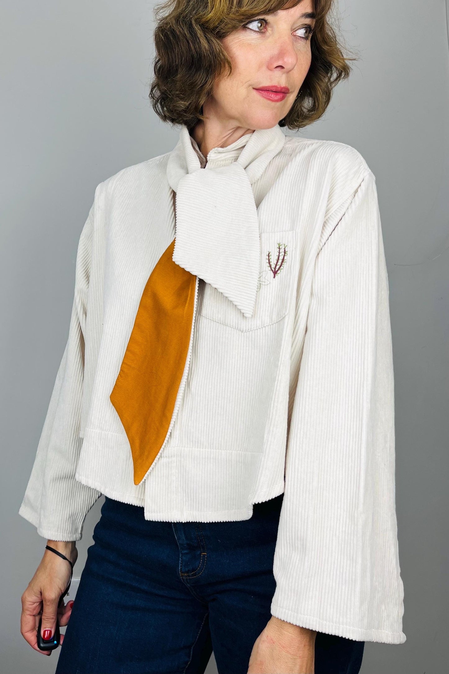 Handmade Womens Jacket | Vintage Fabric Redesigned Shacket | Upcycled Designer Rework | Corduroy Shirt | Cream