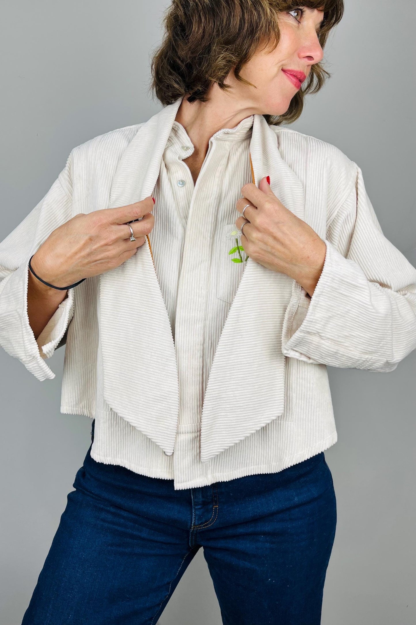 Handmade Womens Jacket | Vintage Fabric Redesigned Shacket | Upcycled Designer Rework | Corduroy Shirt | Cream