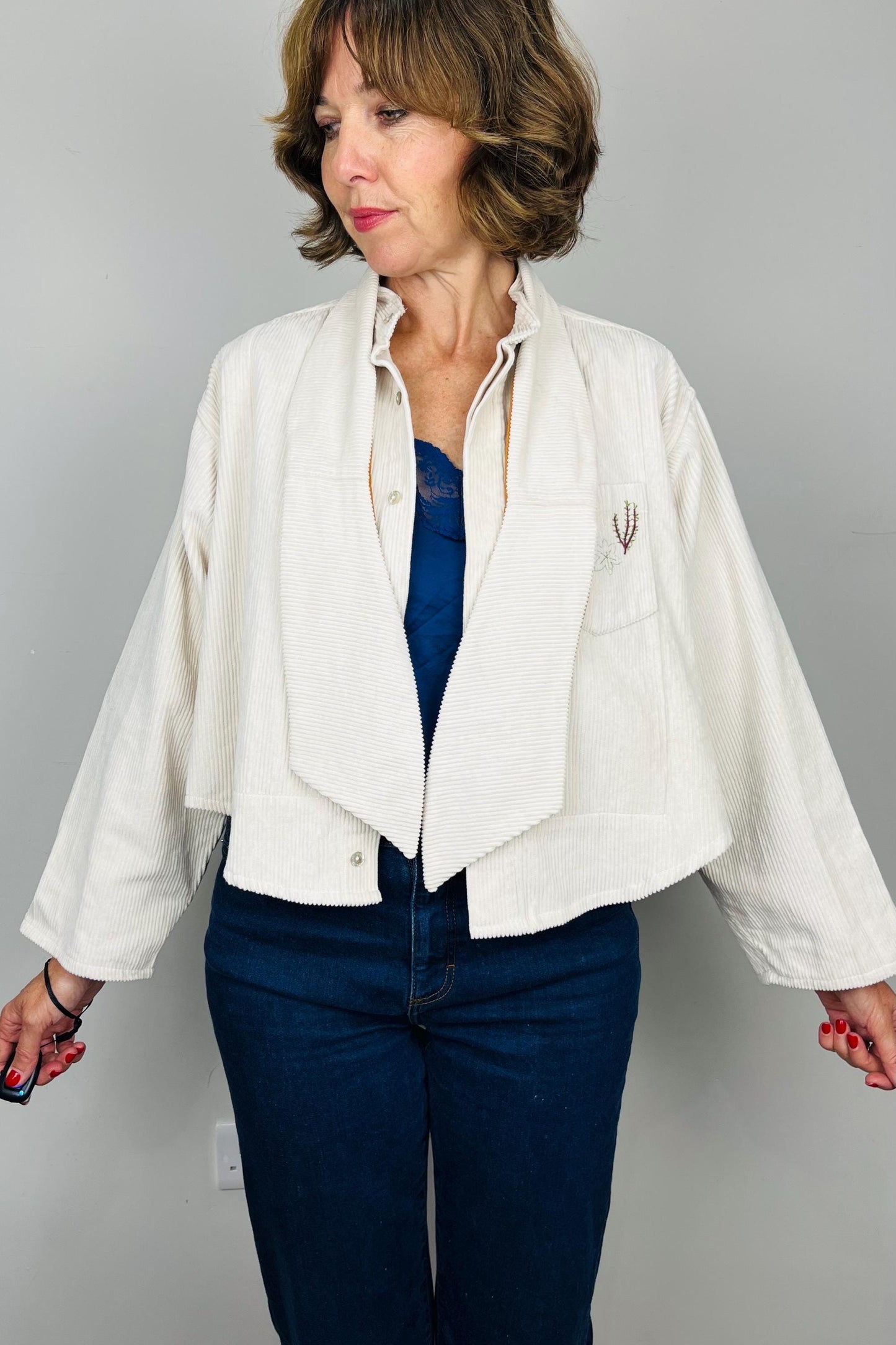 Handmade Womens Jacket | Vintage Fabric Redesigned Shacket | Upcycled Designer Rework | Corduroy Shirt | Cream