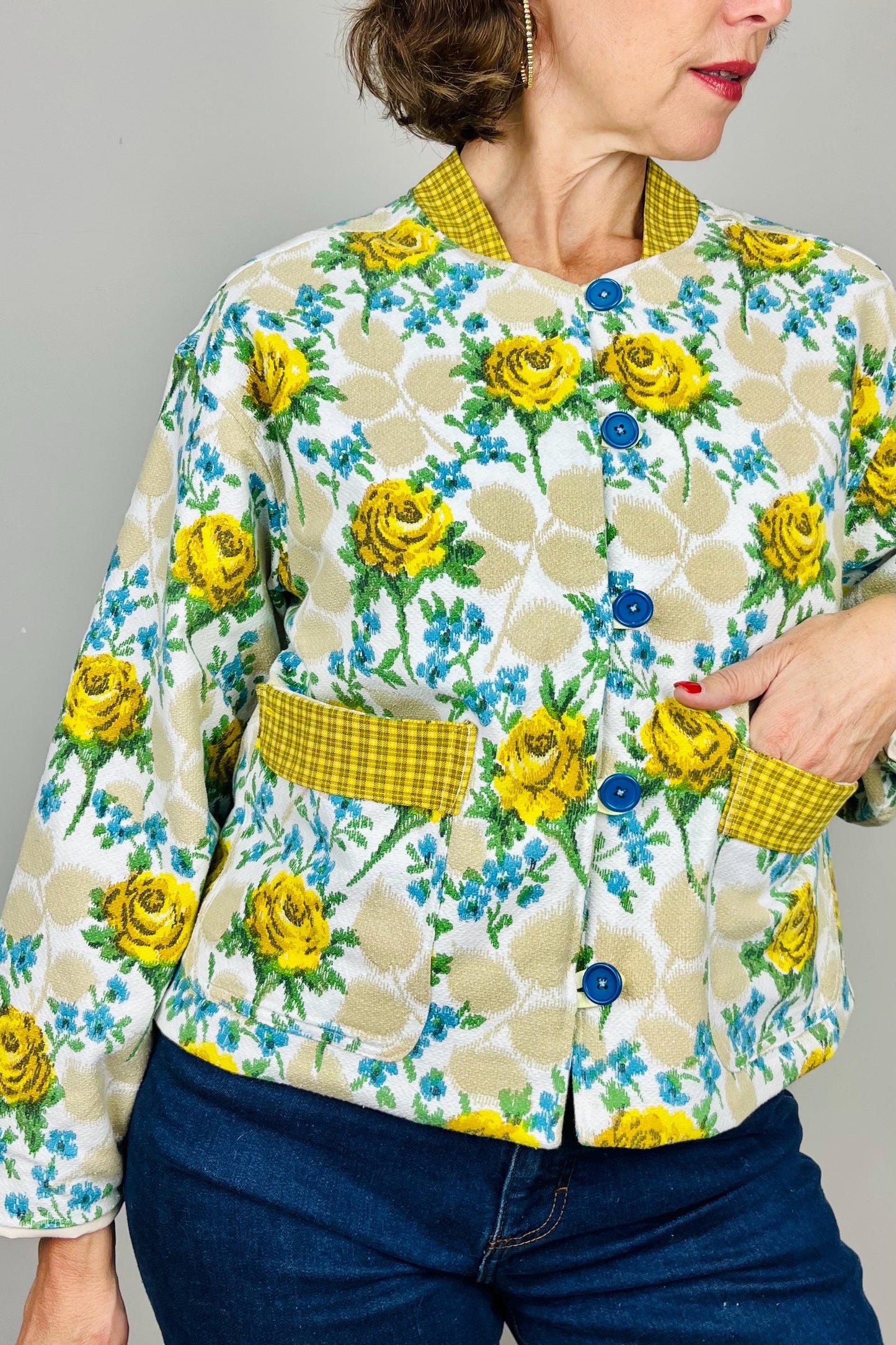 Handmade Womens Jacket | Vintage Fabric Redesigned Shacket | Upcycled Designer Rework | Unique 60’s Style | Flower Power Top
