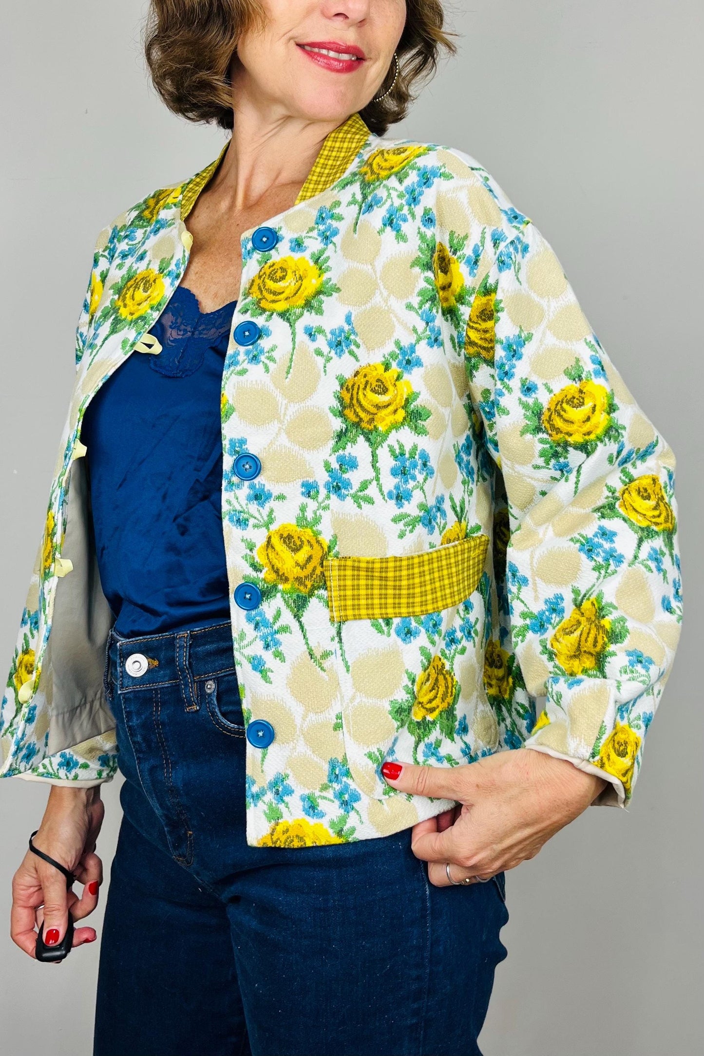 Handmade Womens Jacket | Vintage Fabric Redesigned Shacket | Upcycled Designer Rework | Unique 60’s Style | Flower Power Top