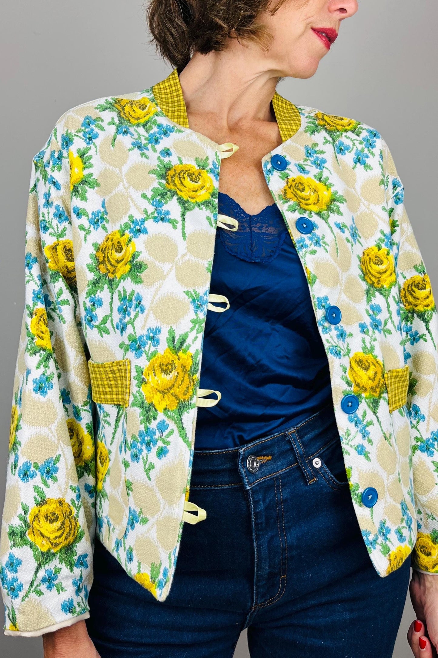 Handmade Womens Jacket | Vintage Fabric Redesigned Shacket | Upcycled Designer Rework | Unique 60’s Style | Flower Power Top