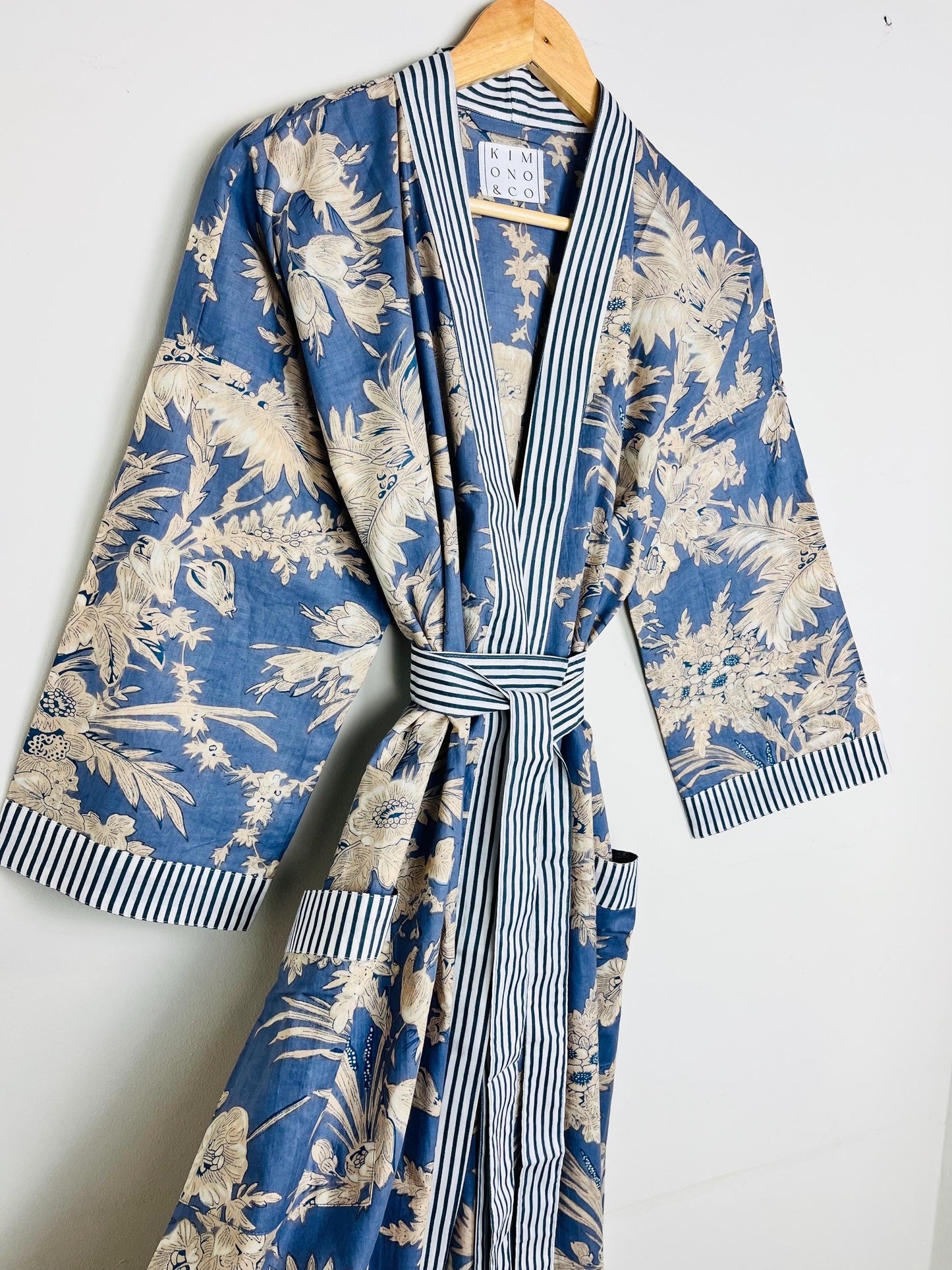 Cotton Kimono Robe | Plus Size Dressing Gown | Women's Loungewear | Beach Cover Up | Wedding Party Bridal Gift | Handmade For Her | Blue