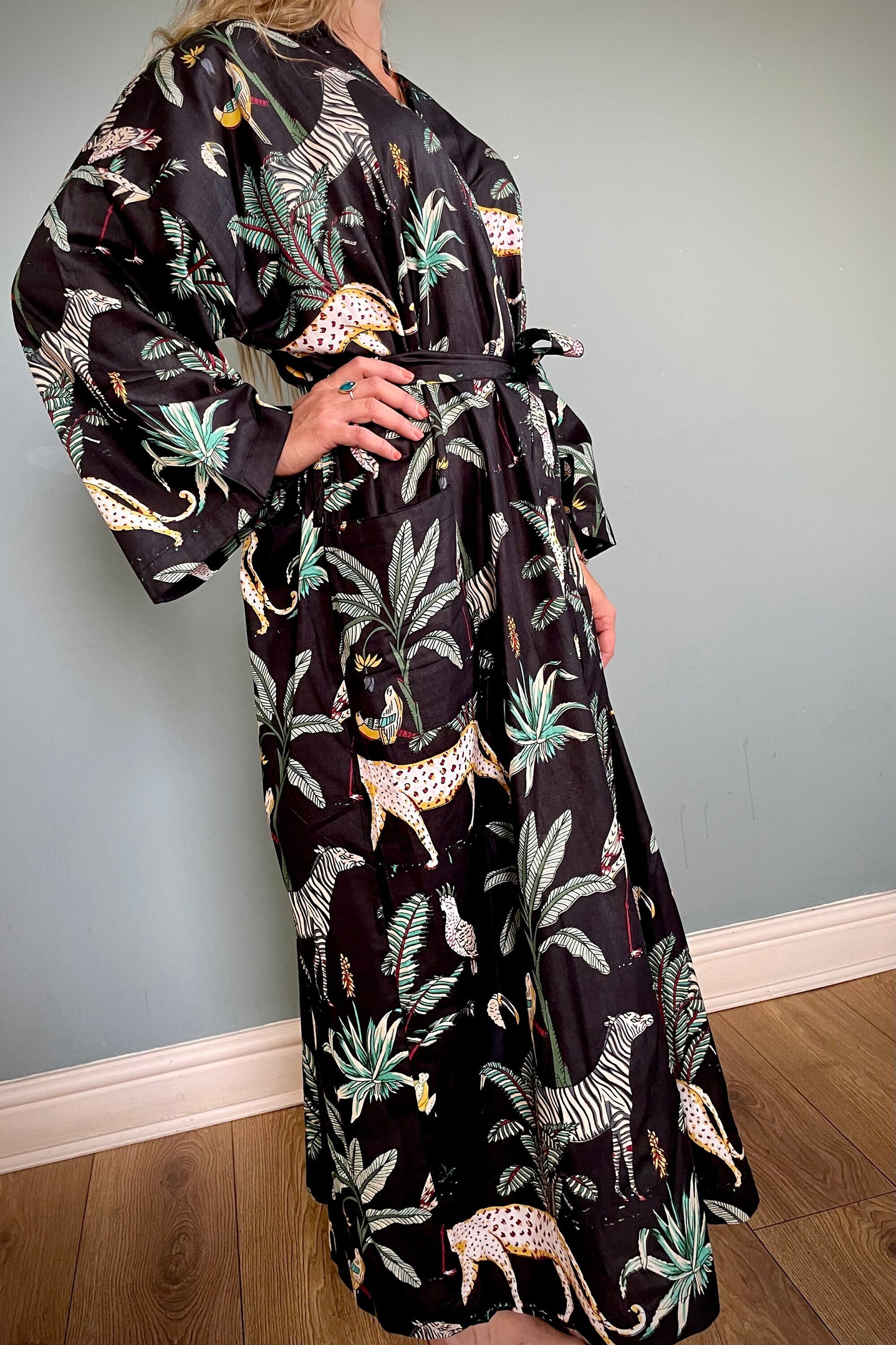 Black Cotton Robe for her, hand printed jungle design Kimono