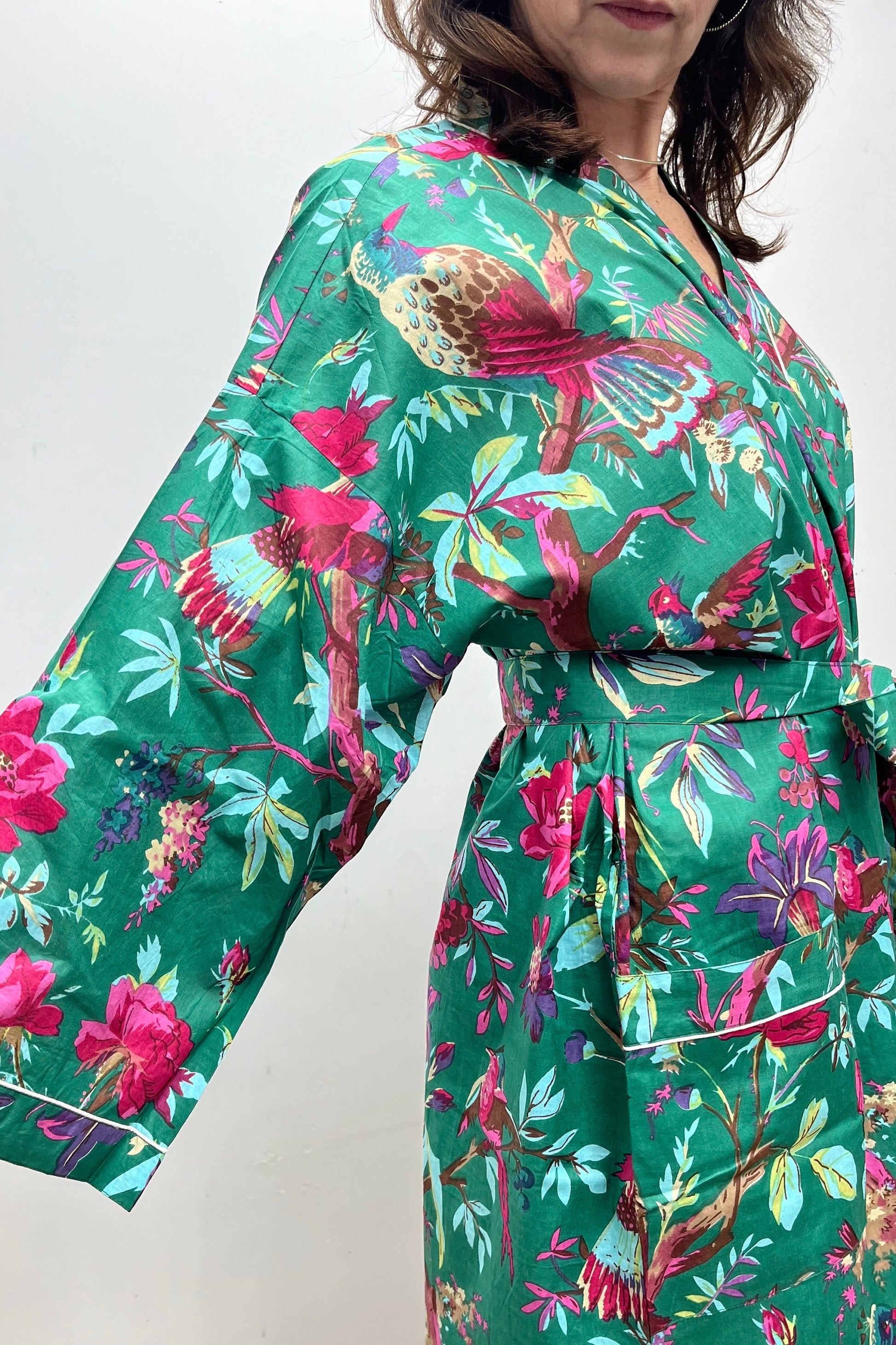Kimono Robe, Dressing Gown Women, Brides Robe, Womens Dressing Gown, Cotton Dressing Gown, Plus Kimono, Tropical Green Kimono Robe,