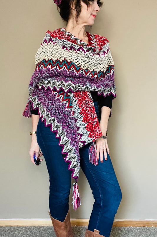 Aztec Boho Poncho, Womens Warm Wrap, Fleece Throw, Mexican Knitted Throw, Warm Wraparound, Ladies Kimono Top, Red Knit Throw
