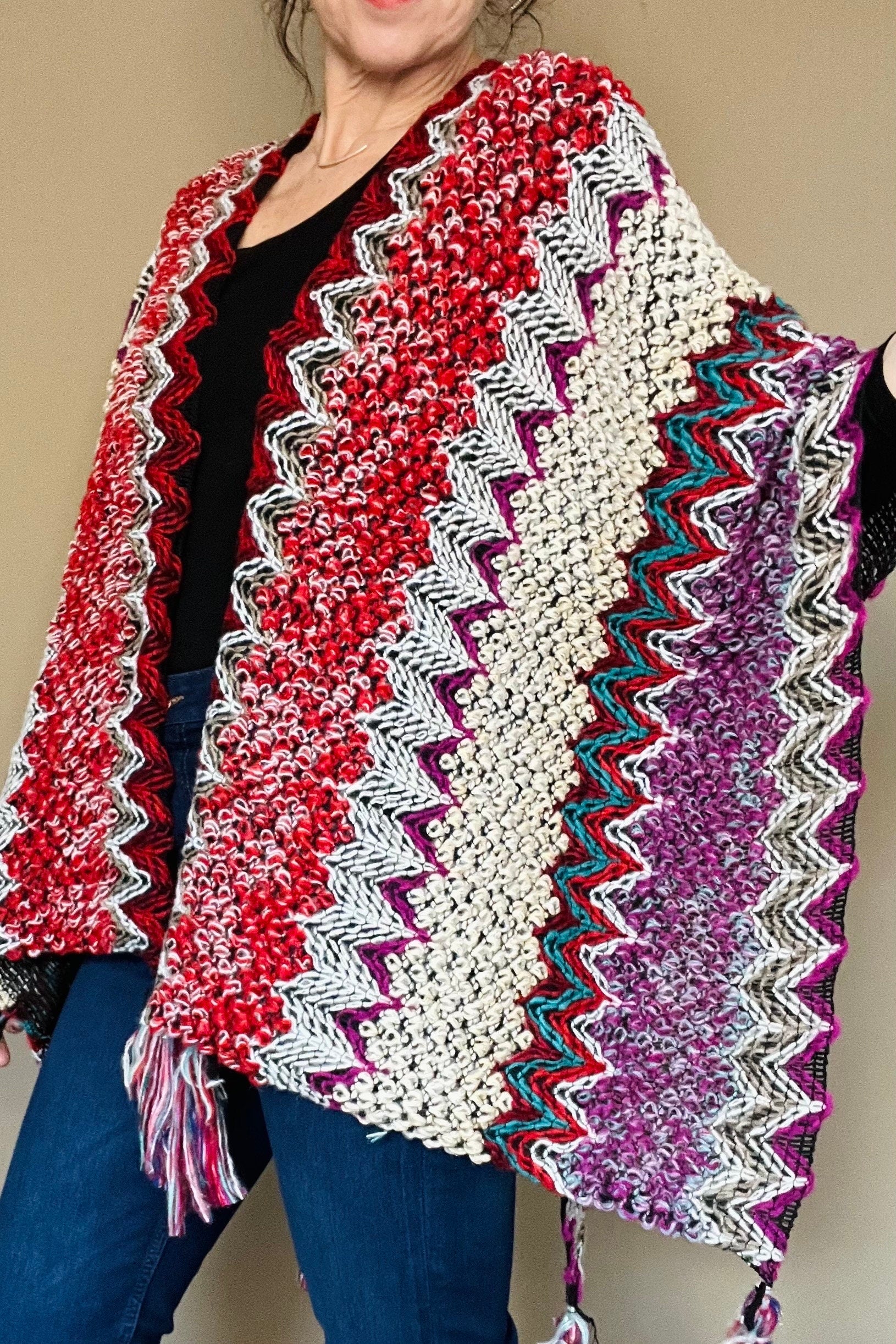 Aztec Boho Poncho, Womens Warm Wrap, Fleece Throw, Mexican Knitted Throw, Warm Wraparound, Ladies Kimono Top, Red Knit Throw
