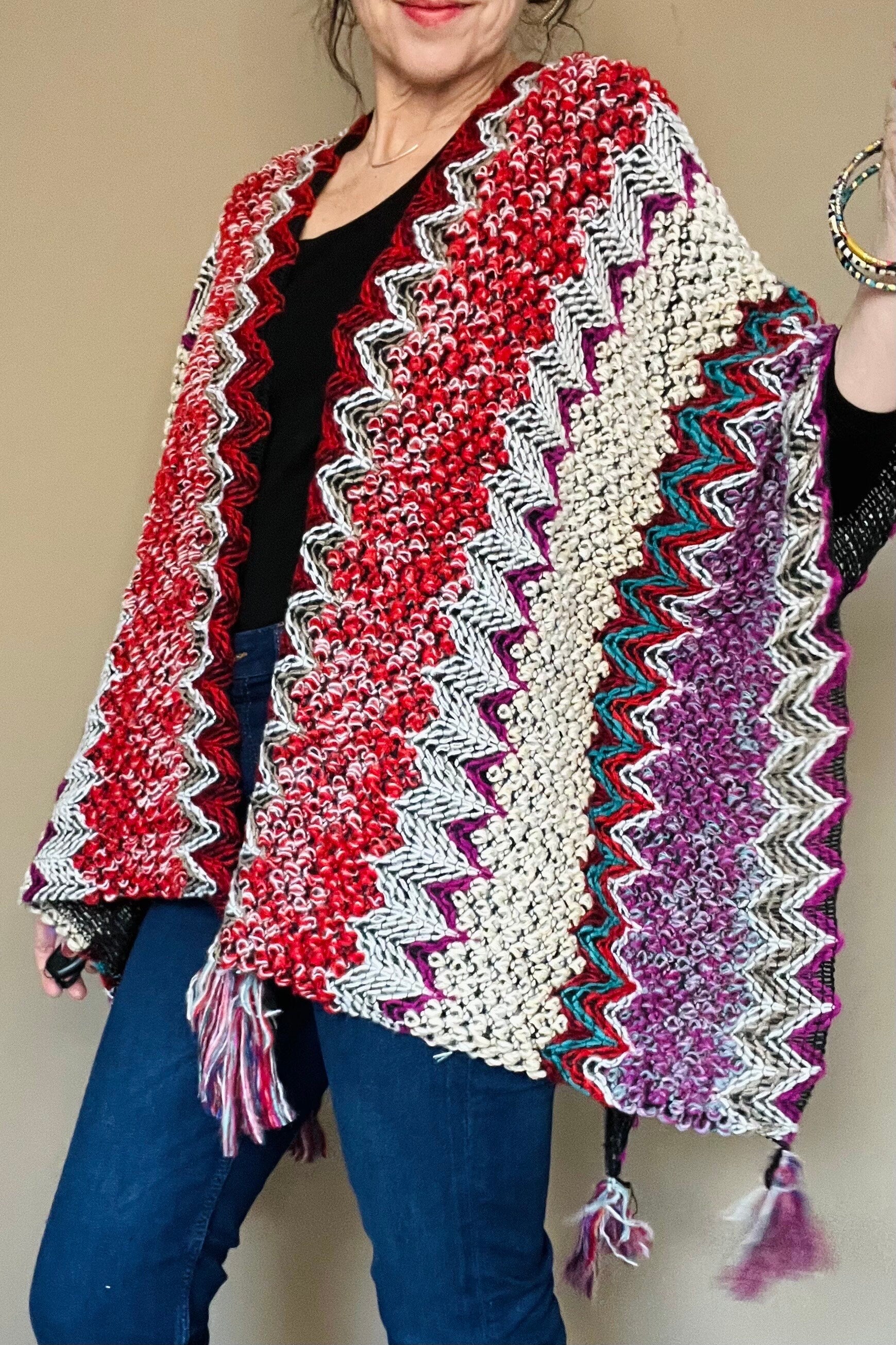 Aztec Boho Poncho, Womens Warm Wrap, Fleece Throw, Mexican Knitted Throw, Warm Wraparound, Ladies Kimono Top, Red Knit Throw