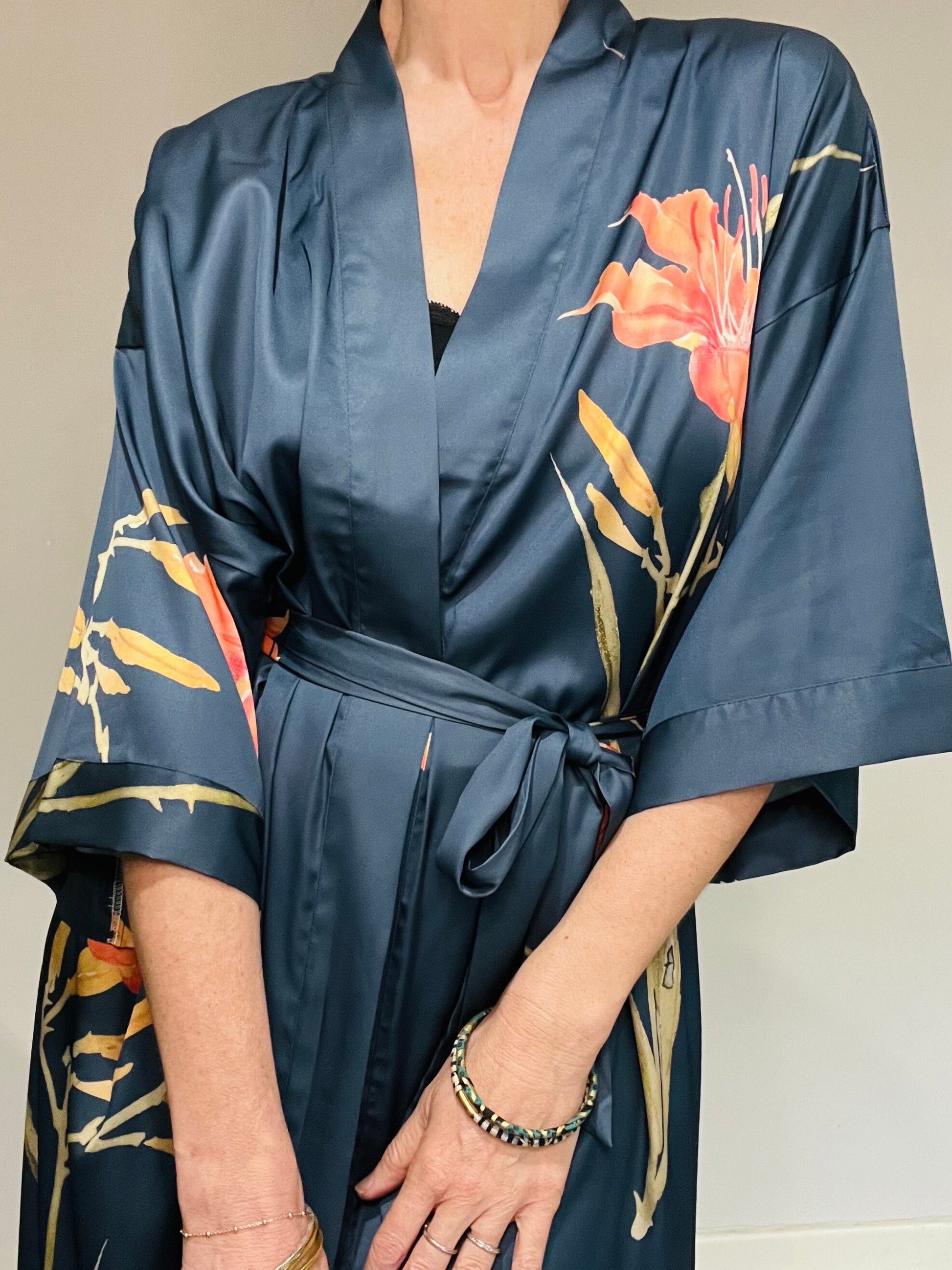 Kimono Robe, Japanese Dressing Gown, Luxury Satin Robe, Bridesmaid Robe, Womens Dressing Gown, Dressing Gown, Summer Robe, Teal Blue