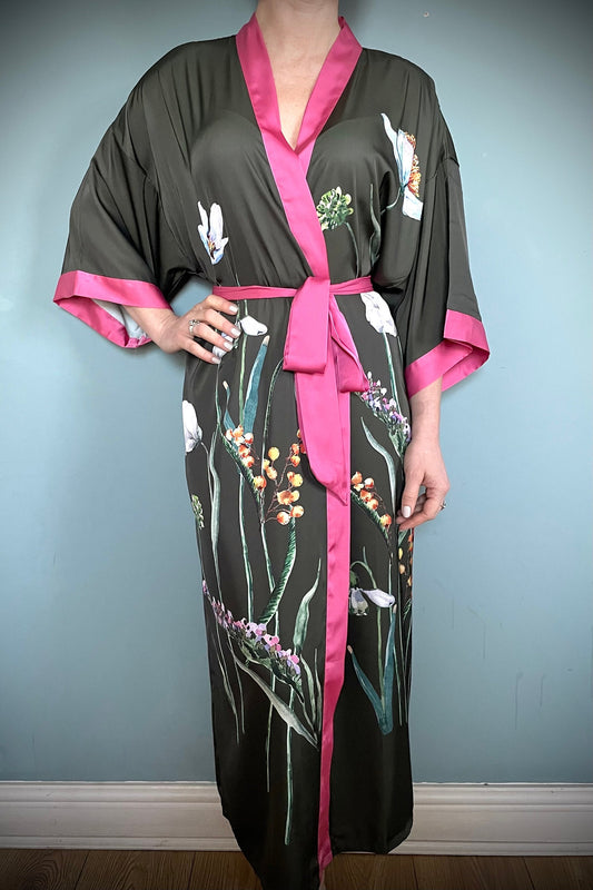 Kimono Robe, Japanese Dressing Gown, Luxury Satin Robe, Bridesmaid Robe, Womens Dressing Gown, Dressing Gown, Summer Robe, Olive Green