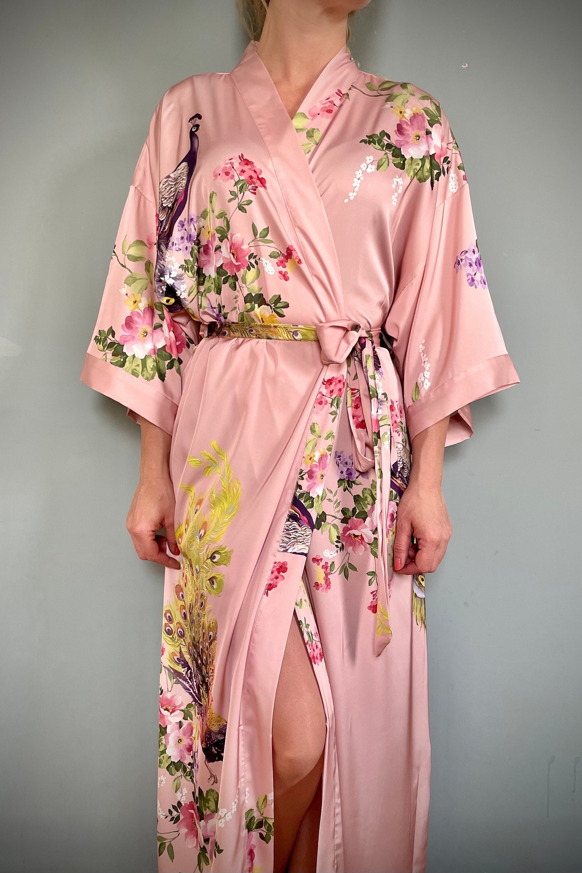 Kimono Robe, Womens Dressing Gown, Luxury Satin Robe, Bridesmaid Robe, Womens Dressing Gown, Dressing Gown, Peacock Robe, Pink Kimono Robe