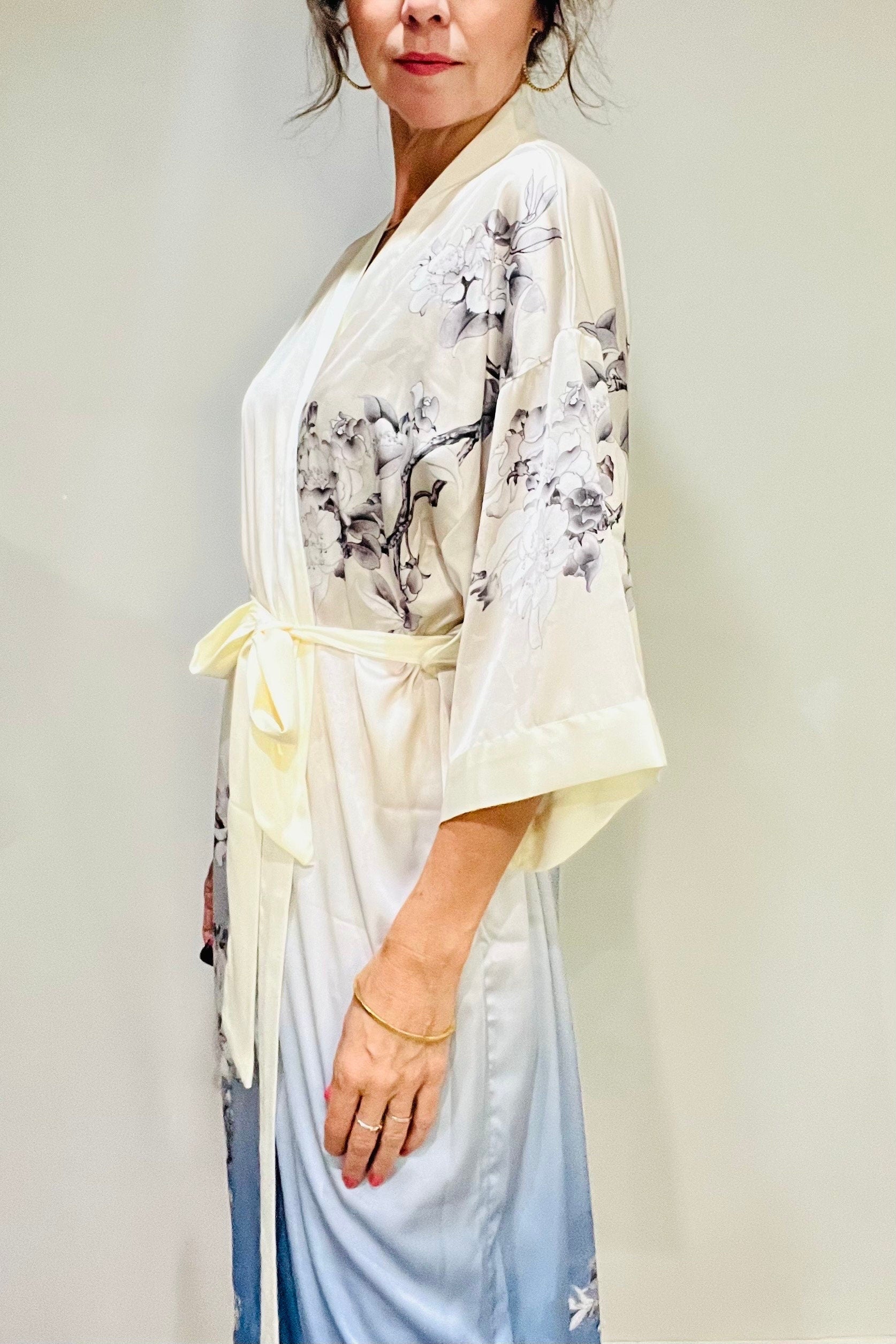 Kimono Robe, Japanese Dressing Gown, Luxury Satin Robe, Bridesmaid Robe, Womens Dressing Gown, Dressing Gown, Summer Robe, Plus Kimono, Blue