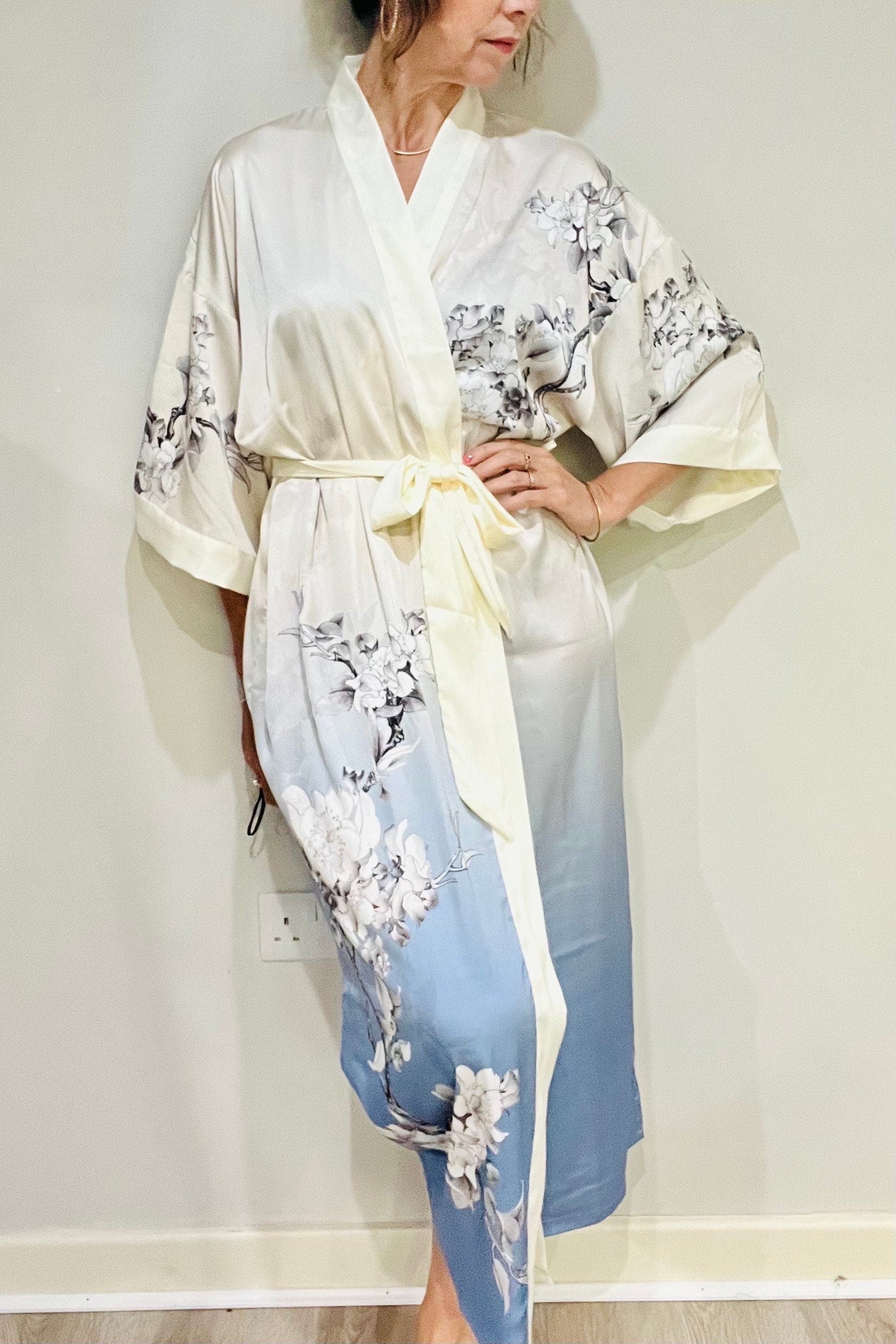 Kimono Robe, Japanese Dressing Gown, Luxury Satin Robe, Bridesmaid Robe, Womens Dressing Gown, Dressing Gown, Summer Robe, Plus Kimono, Blue
