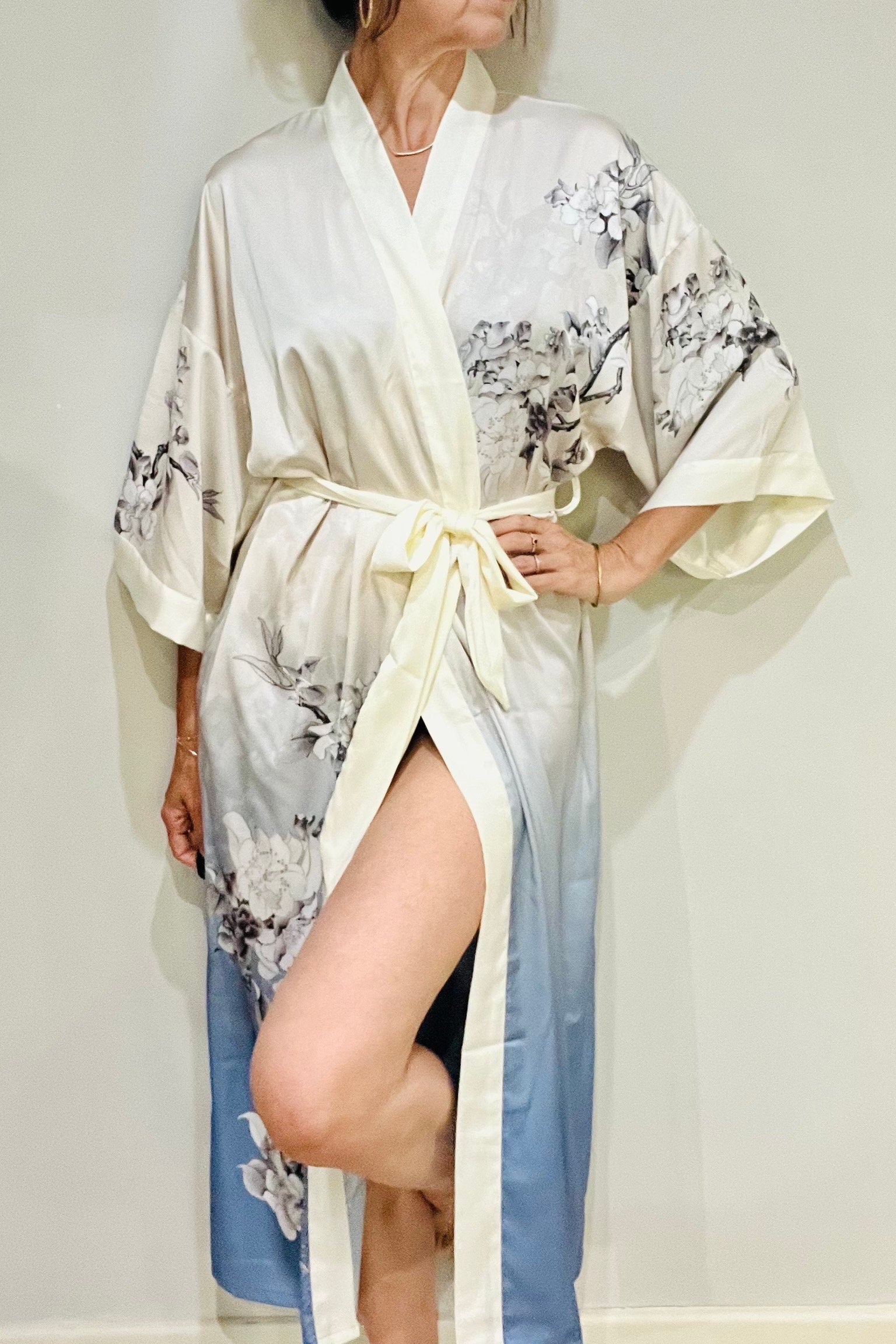 Kimono Robe, Japanese Dressing Gown, Luxury Satin Robe, Bridesmaid Robe, Womens Dressing Gown, Dressing Gown, Summer Robe, Plus Kimono, Blue