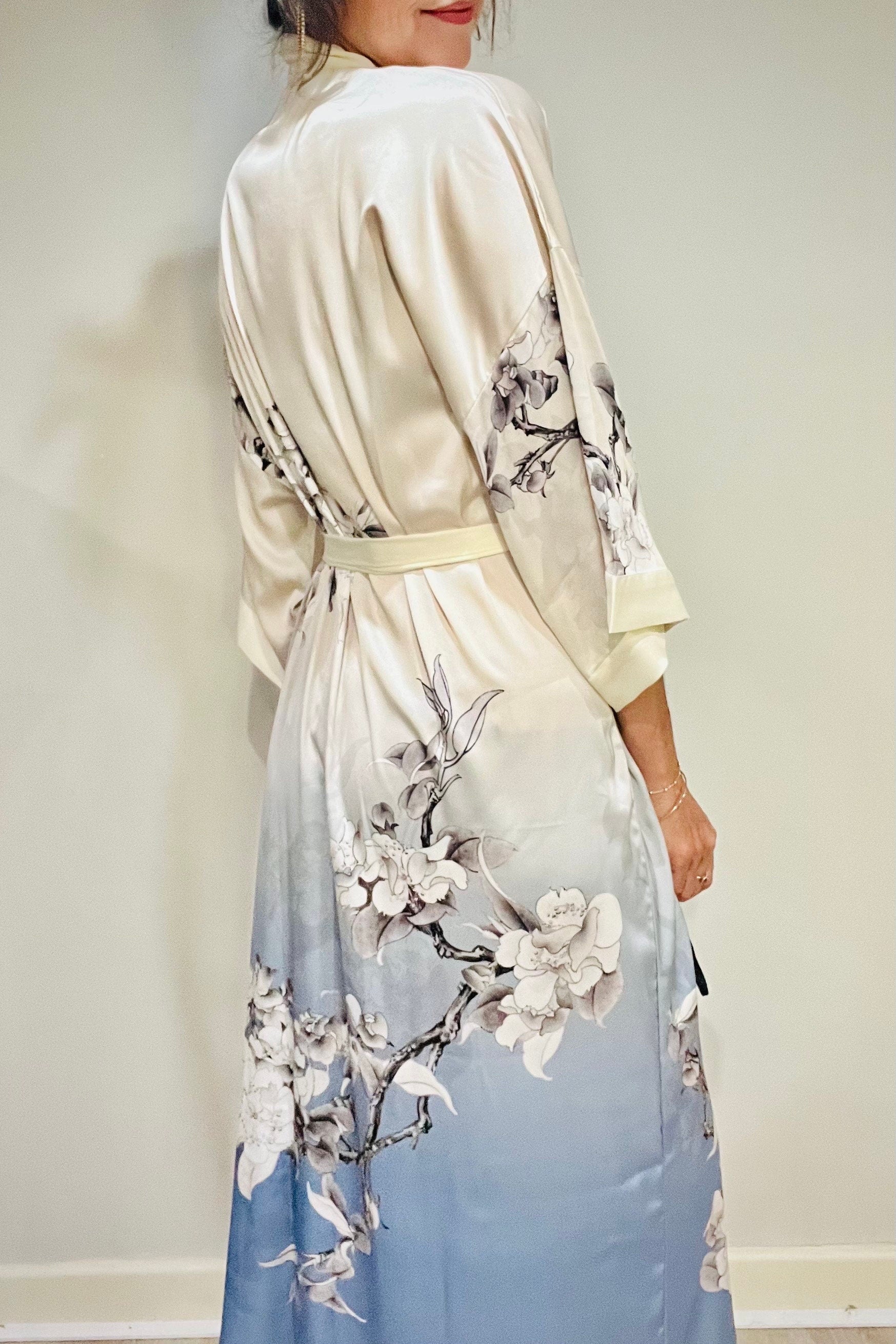 Kimono Robe, Japanese Dressing Gown, Luxury Satin Robe, Bridesmaid Robe, Womens Dressing Gown, Dressing Gown, Summer Robe, Plus Kimono, Blue