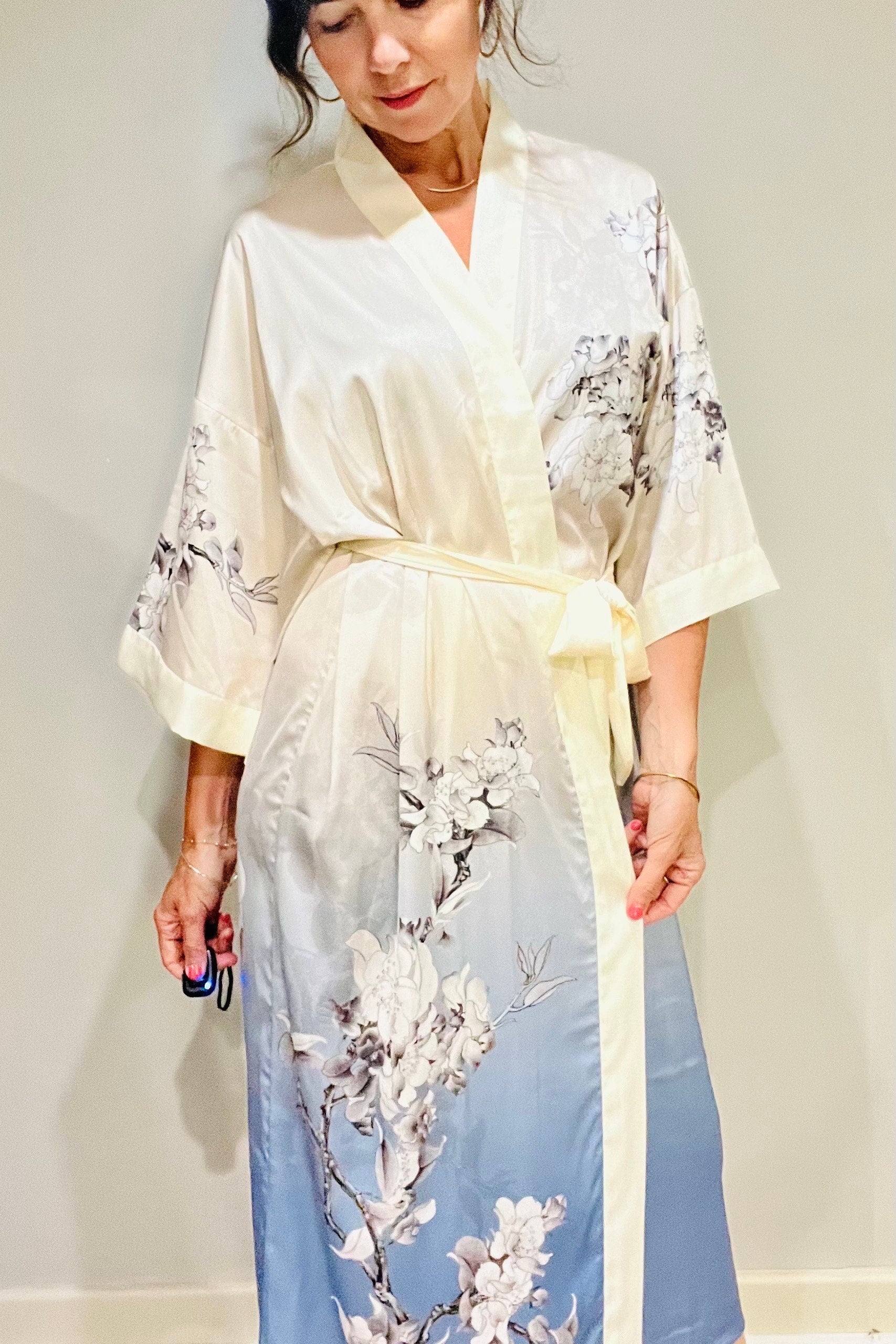 Kimono Robe, Japanese Dressing Gown, Luxury Satin Robe, Bridesmaid Robe, Womens Dressing Gown, Dressing Gown, Summer Robe, Plus Kimono, Blue