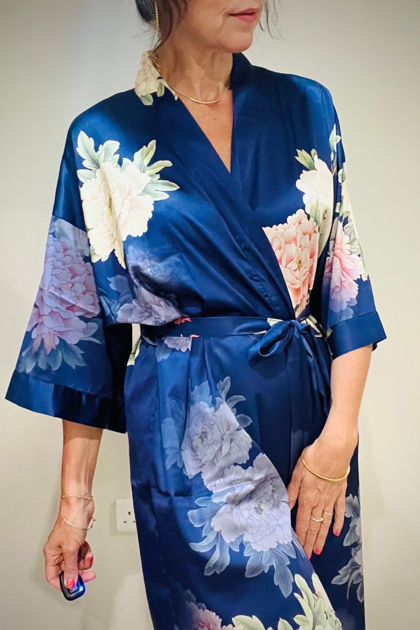 Kimono Robe, Japanese Dressing Gown, Luxury Satin Robe, Bridesmaid Robe, Womens Dressing Gown, Dressing Gown, Summer Robe, Plus Kimono, Blue