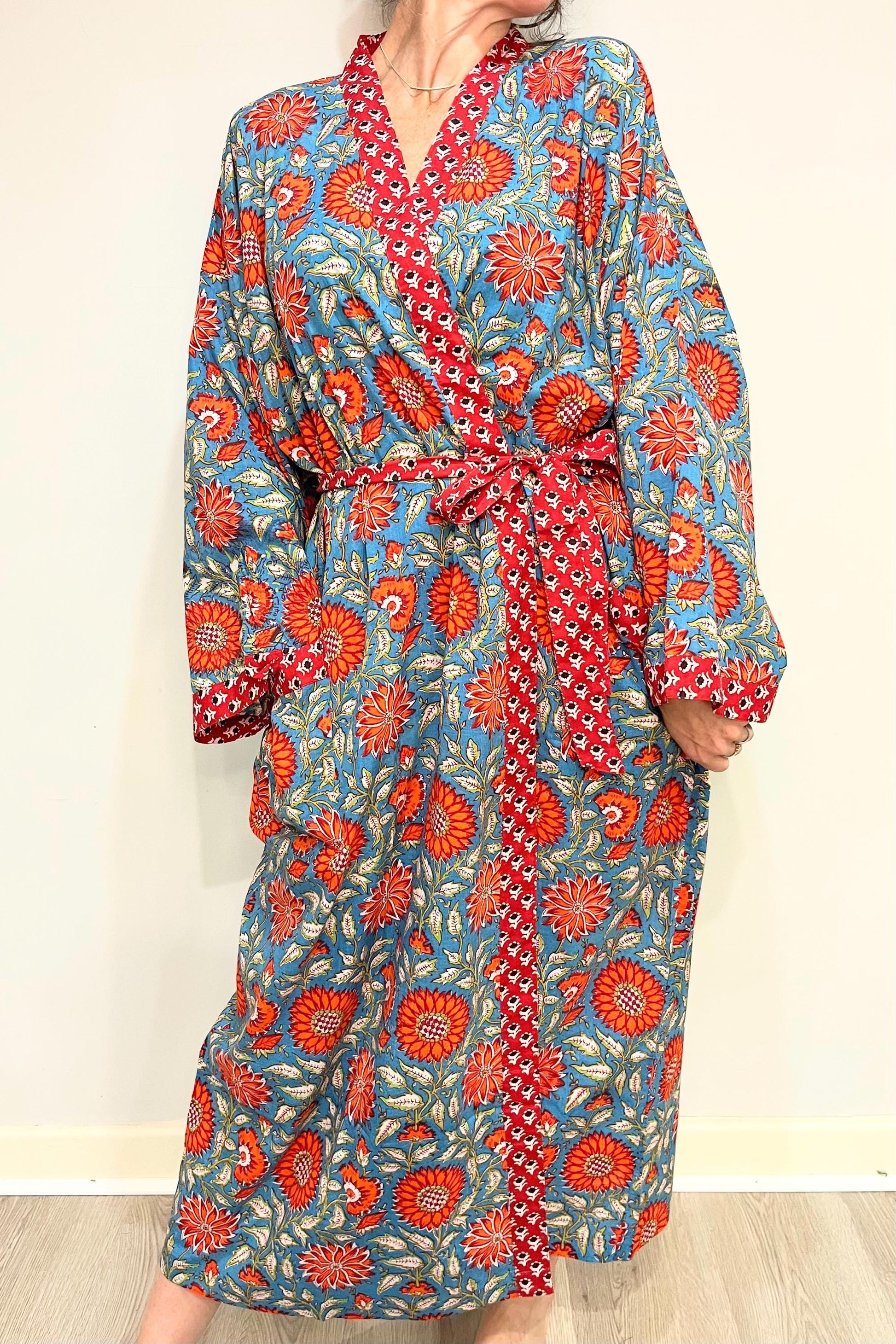 cotton dressing gown kimono Tropical Print Cotton Kimono Robe Long dressing gown 3XL / Teal Green