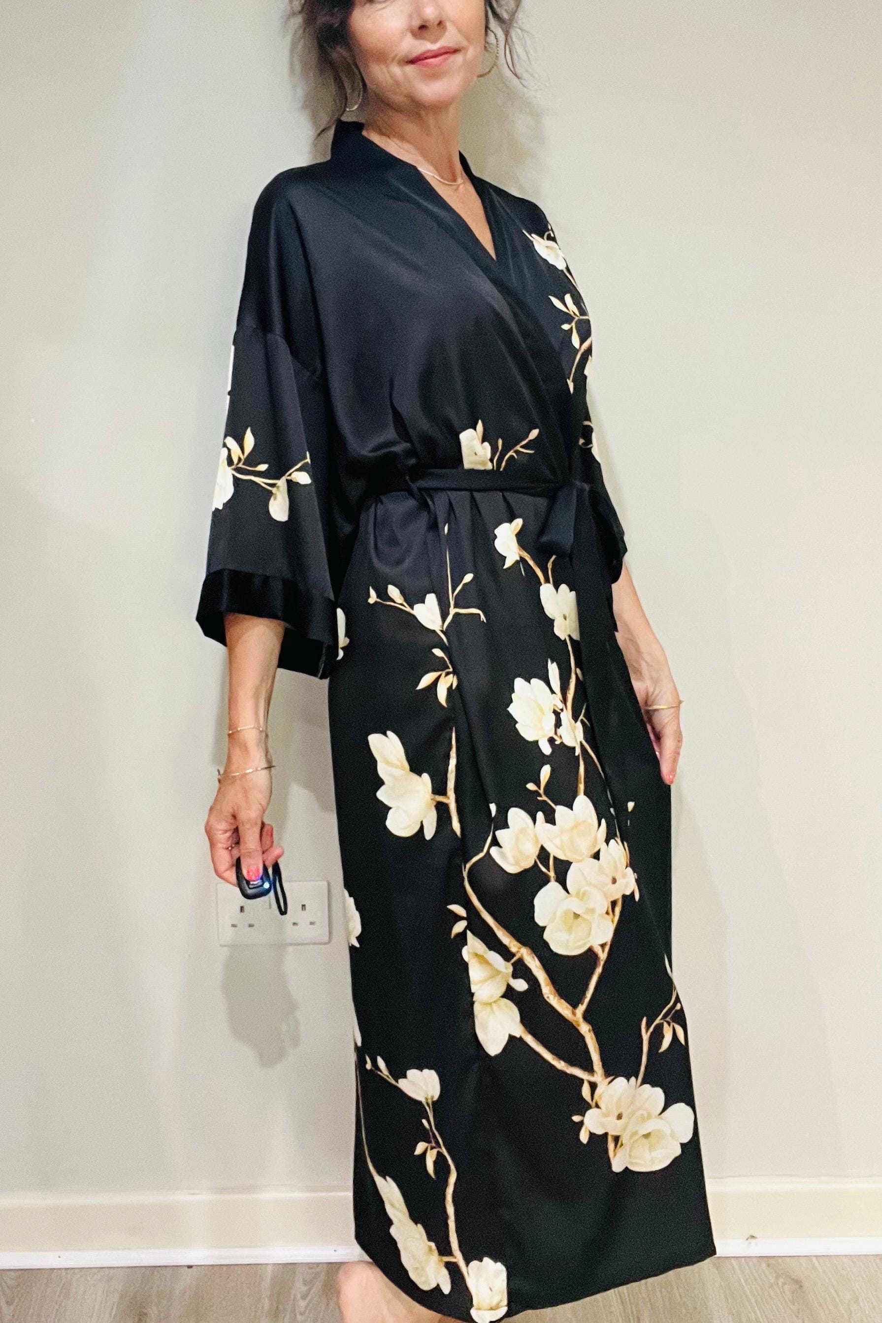Kimono Robe, Japanese Dressing Gown, Luxury Satin Robe, Bridesmaid Robe, Womens Dressing Gown, Dressing Gown, Black Magnolia Flowers