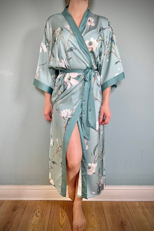 Kimono Robe, Dressing Gown, Luxury Wedding Robe, Bridesmaid Robe, Womens Dressing Gown, Dressing Gown, Summer Robe, Green Magnolias