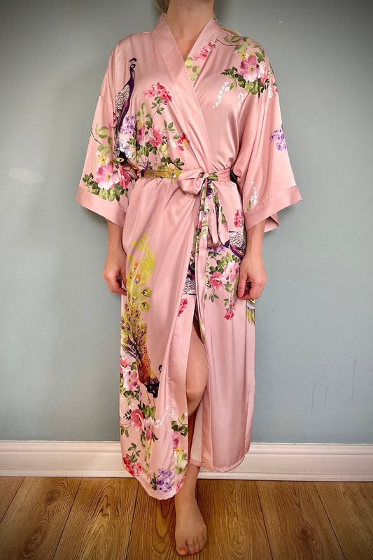 Kimono Robe, Womens Dressing Gown, Luxury Satin Robe, Bridesmaid Robe, Womens Dressing Gown, Dressing Gown, Peacock Robe, Pink Kimono Robe