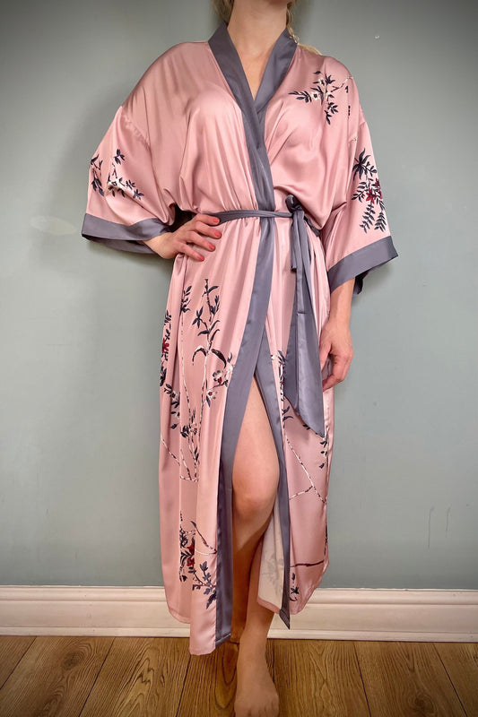 Kimono Robe, Dressing Gown, Luxury Wedding Robe, Bridesmaid Robe, Womens Dressing Gown, Dressing Gown, Summer Robe, Pink Floral Satin