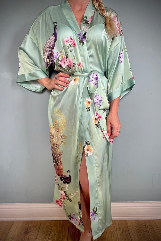 Kimono Robe, Japanese Dressing Gown, Luxury Satin Robe, Bridesmaid Robe, Womens Dressing Gown, Dressing Gown, Peacock Robe, Light Green