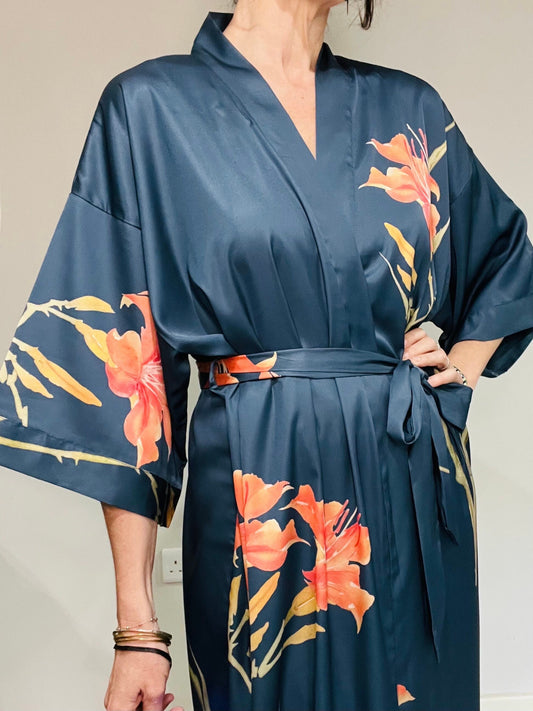 Kimono Robe, Japanese Dressing Gown, Luxury Satin Robe, Bridesmaid Robe, Womens Dressing Gown, Dressing Gown, Summer Robe, Teal Blue