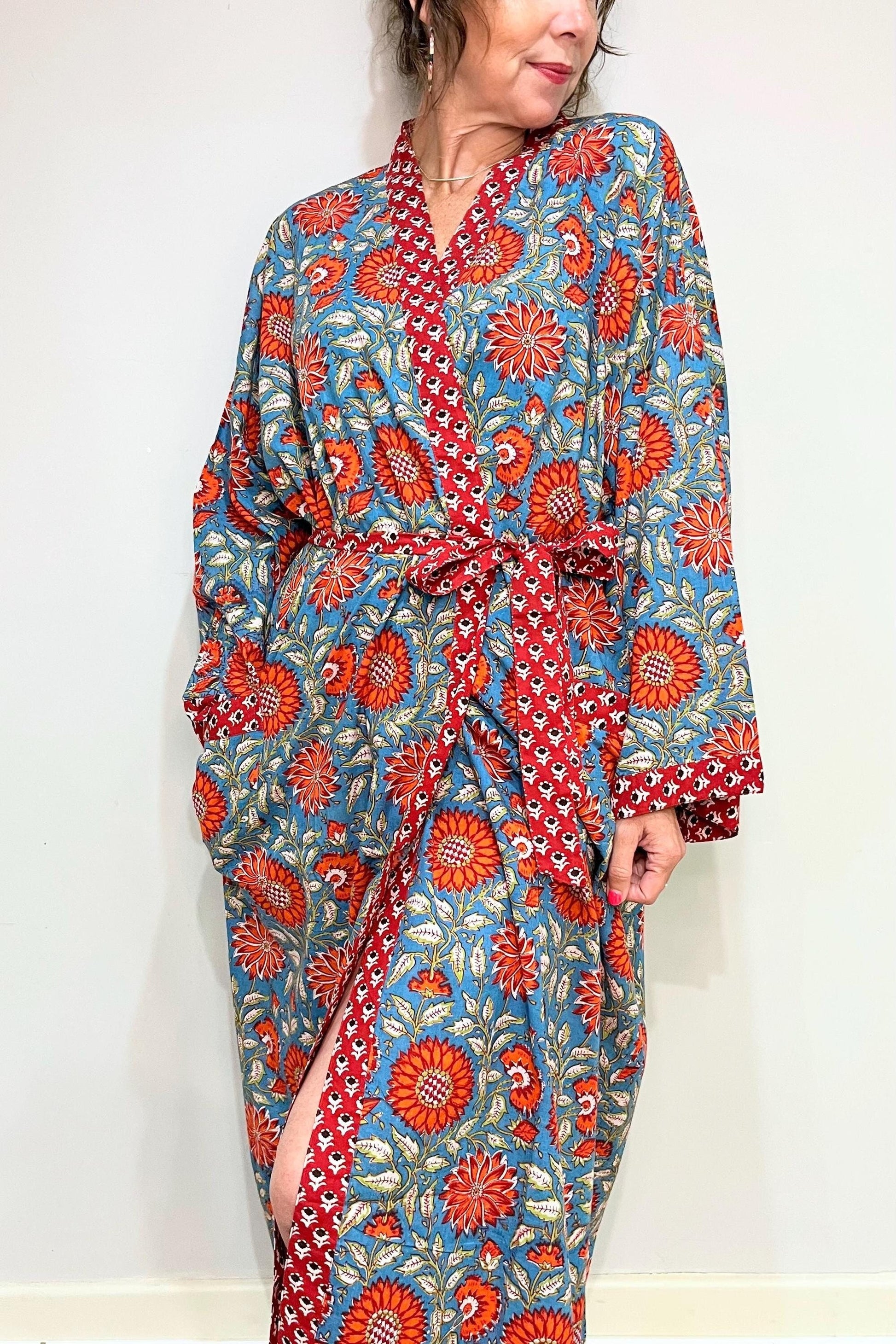Indian Cotton Kimono Robe - Cornflower Red Indian Cotton Kimono Robe - Cornflower Red