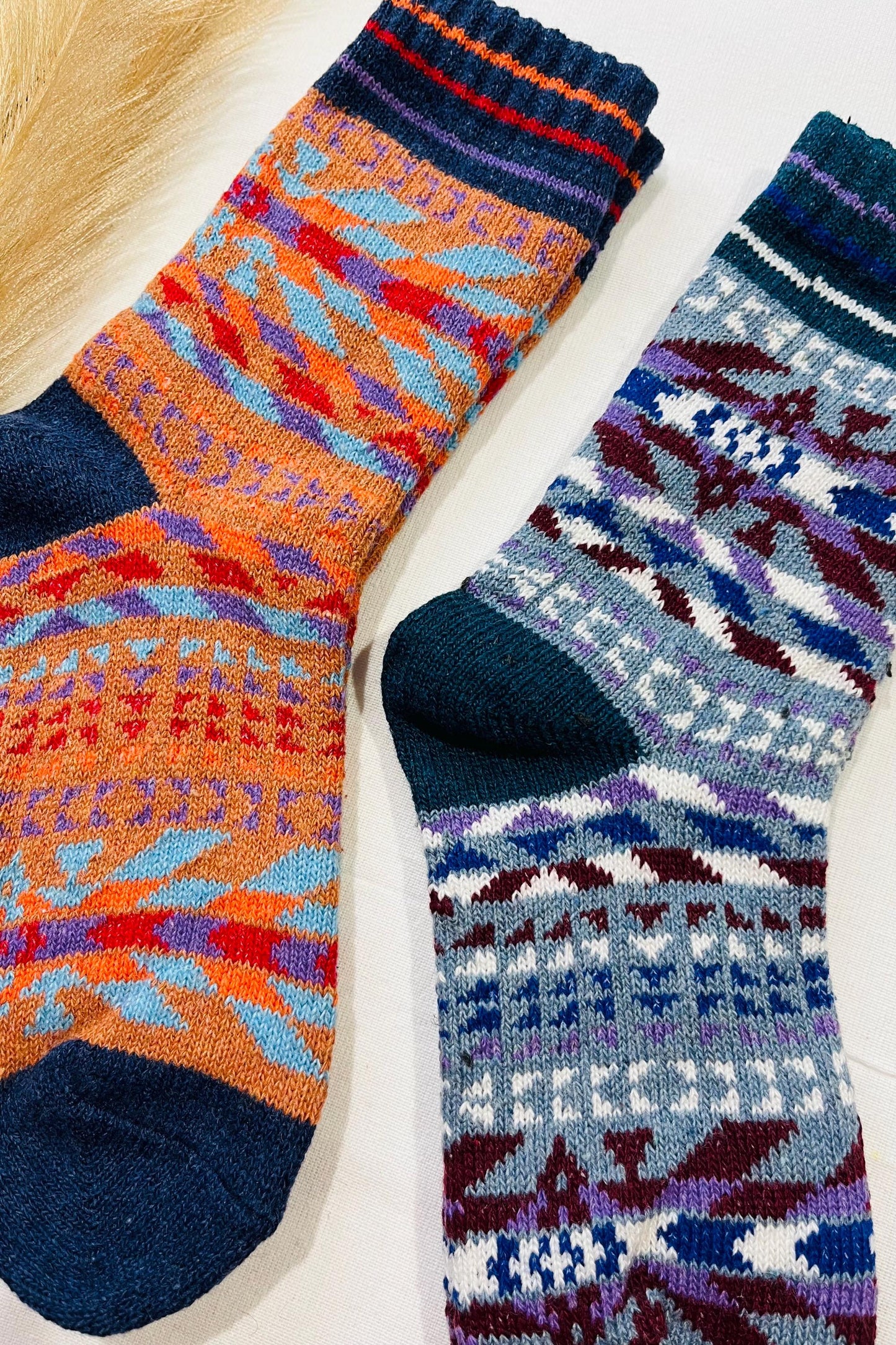 2 x Pairs Wool Socks for Her, Walking Socks, Funny Socks for her, Warm Woolen Socks for Women, Nordic Socks for her, Womens Walking Socks,