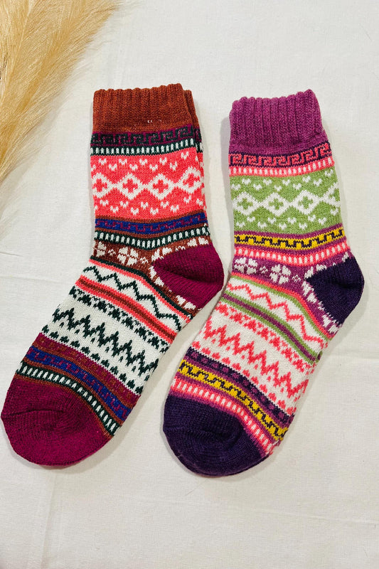 2 x Pairs Wool Socks for Her, Walking Socks, Funny Socks for her, Warm Woolen Socks for Women, Nordic Socks for her, Womens Walking Socks,