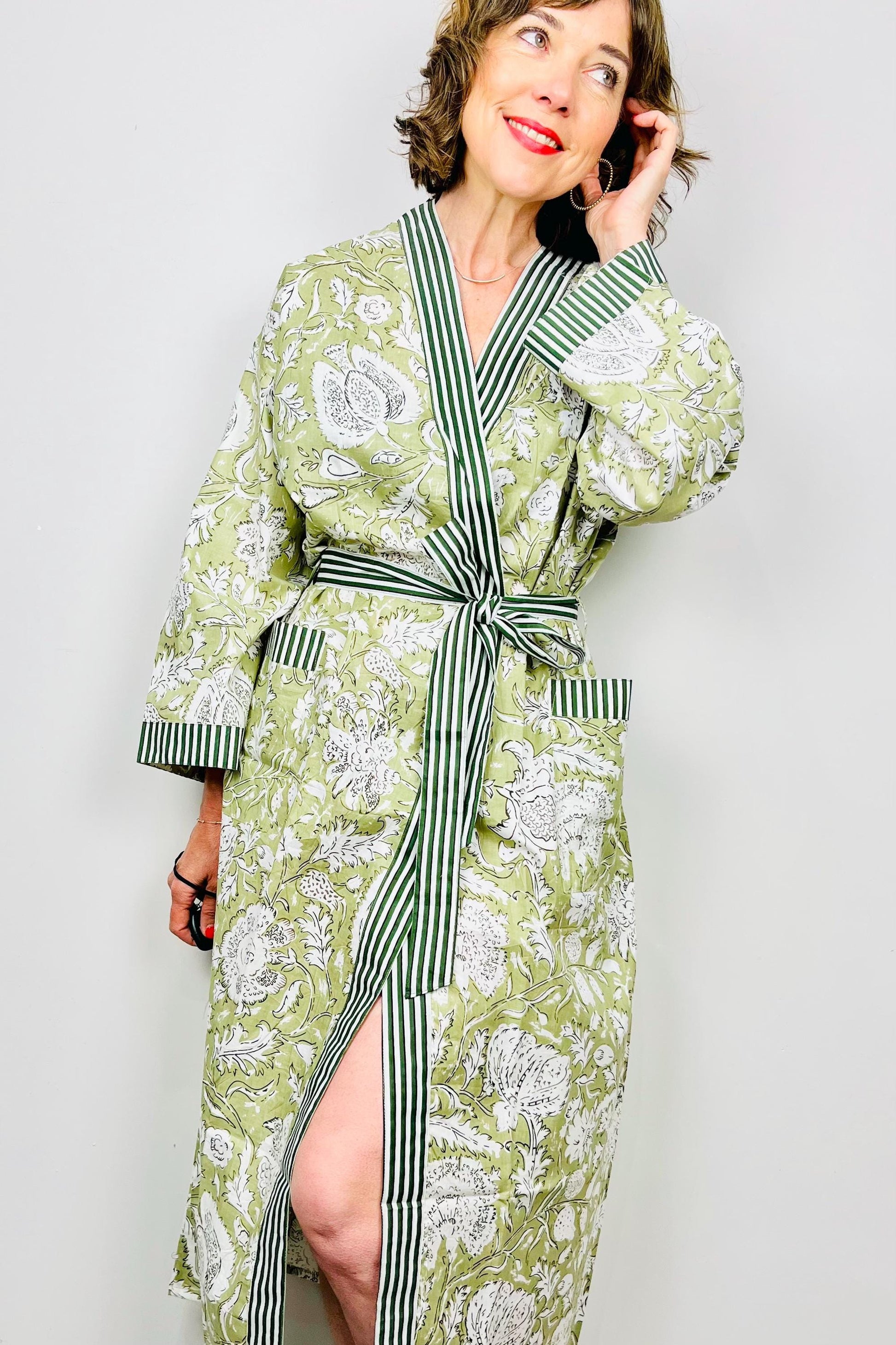 Indian Cotton Kimono Robe - Kama Green Kimonoco Boutique Indian Cotton Kimono Robe - Kama Green Kimonoco Boutique