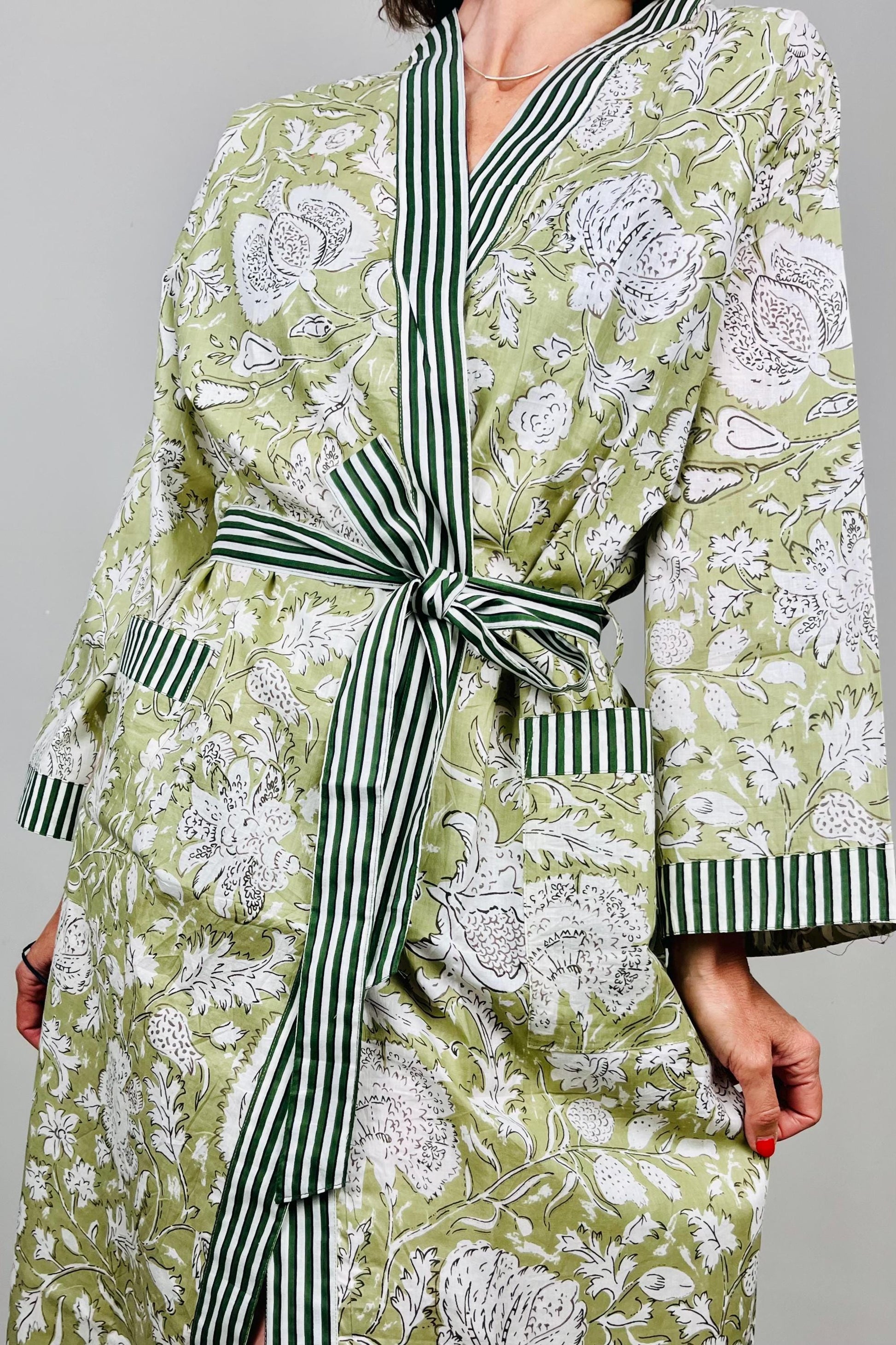 Indian Cotton Kimono Robe - Kama Green Kimonoco Boutique Indian Cotton Kimono Robe - Kama Green Kimonoco Boutique