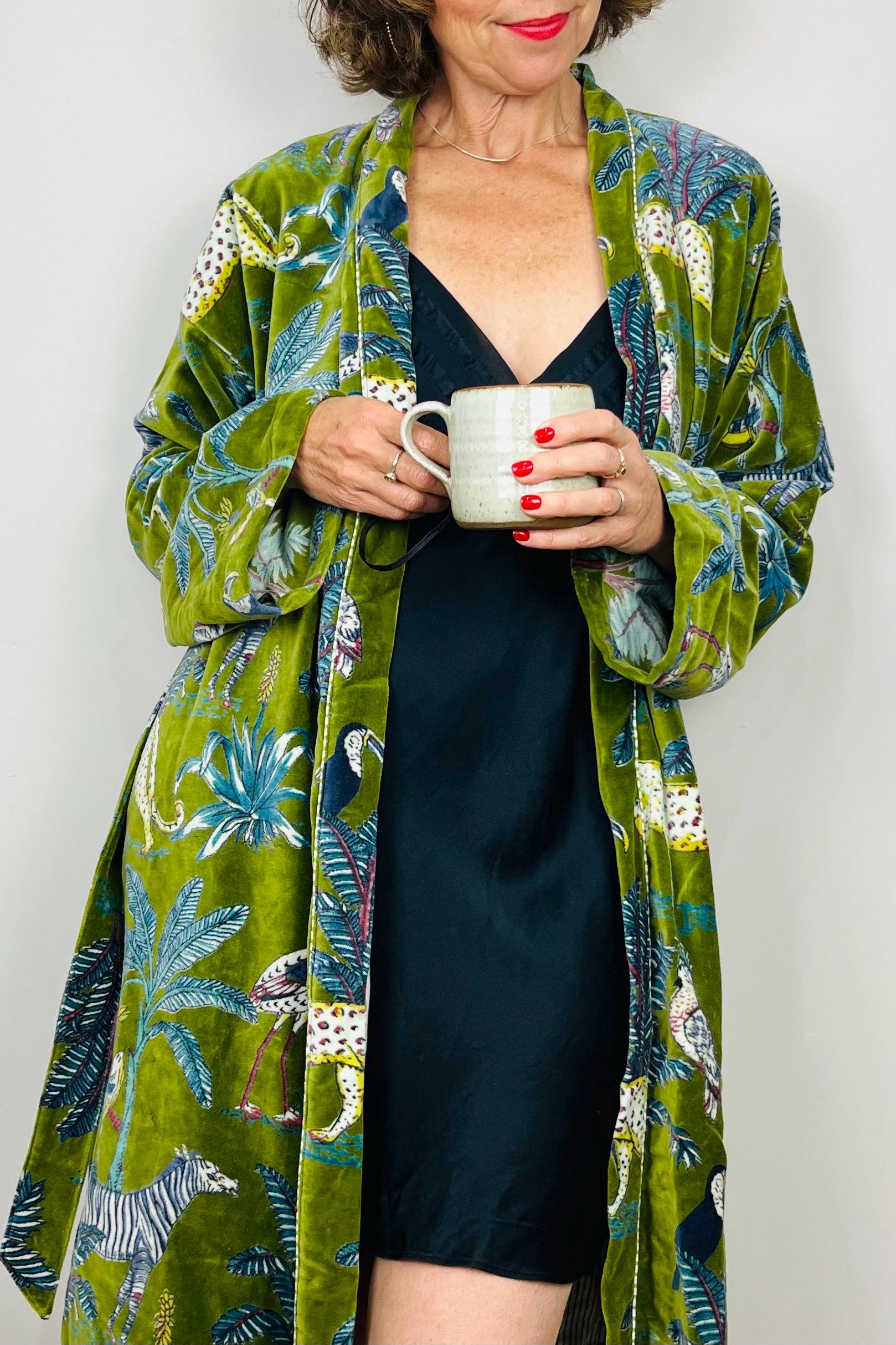 Velvet Kimono Robe | Womens Cotton Lined Dressing Gown | Velour House Coat | Luxury Loungewear For Her | Green Evening Jacket | Handmade