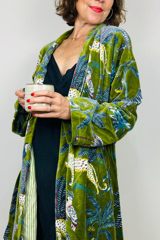 Velvet Kimono Robe | Womens Cotton Lined Dressing Gown | Velour House Coat | Luxury Loungewear For Her | Green Evening Jacket | Handmade